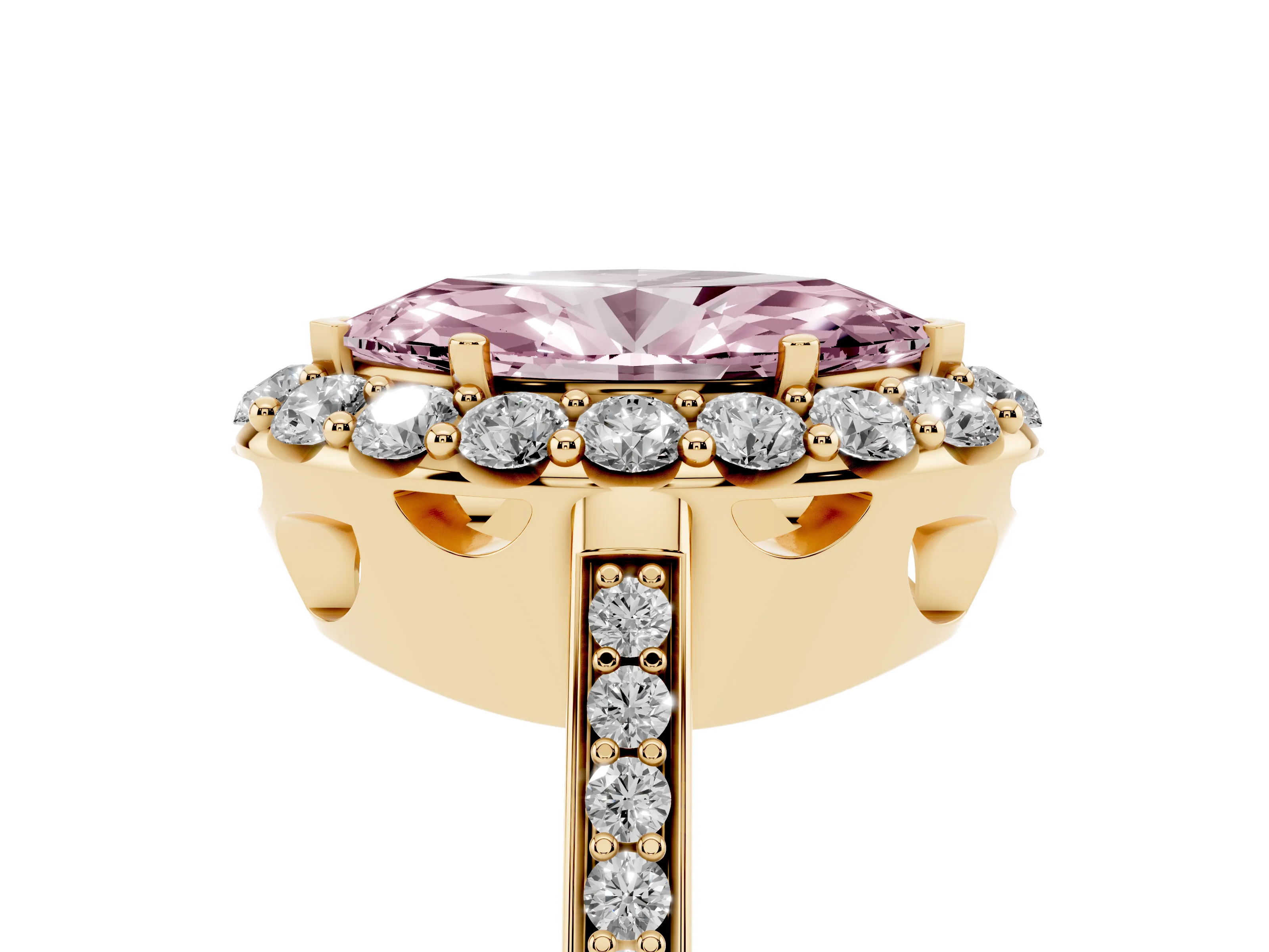 Fancy Pink Marquise Cut Diamond Floral Halo Ring Set in Yellow gold with Pavé Band and Prong Setting