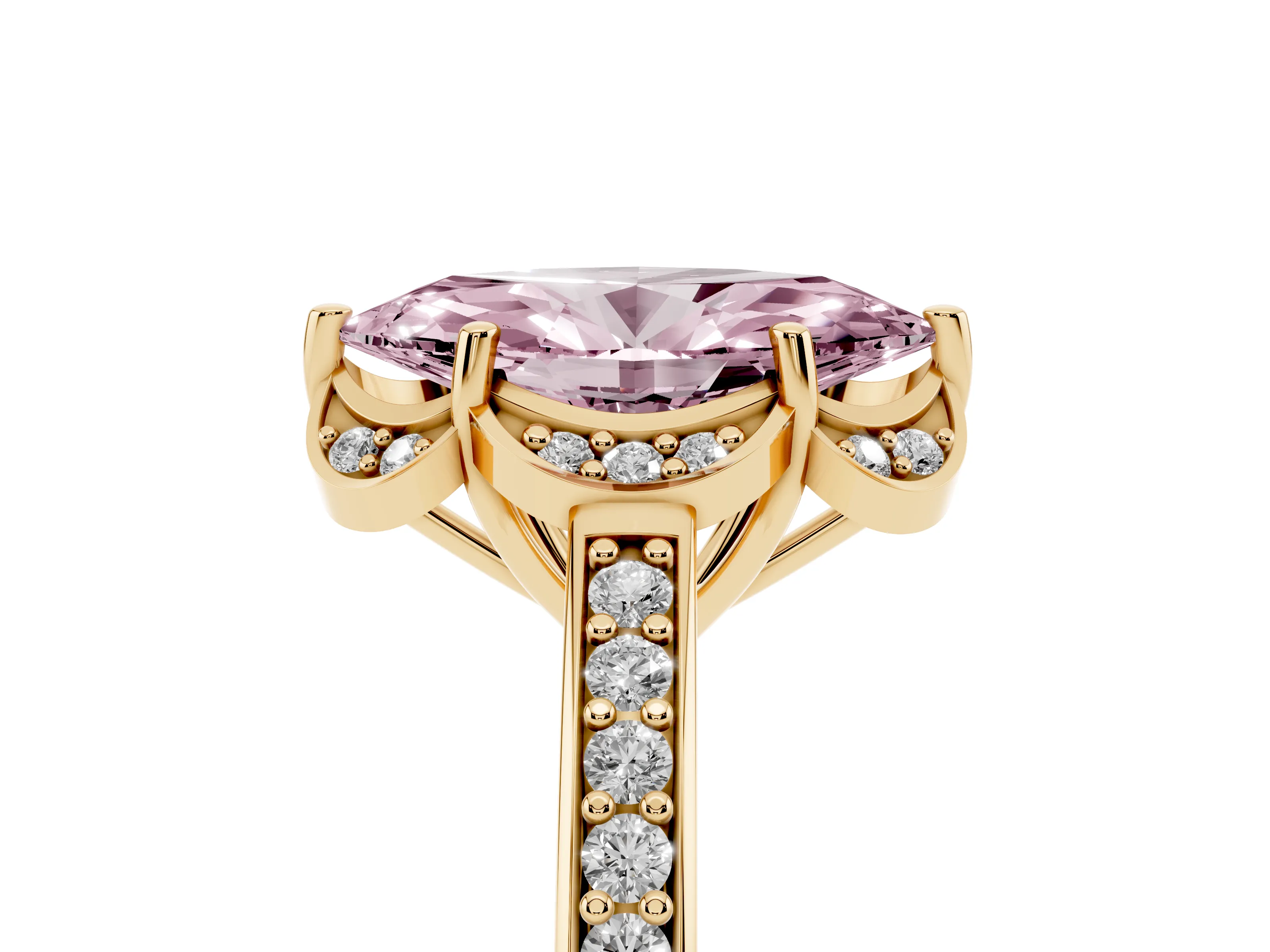 Fancy Pink Marquise Cut Diamond Halo Ring Set in Yellow gold with Channel Set Band and Prong Setting