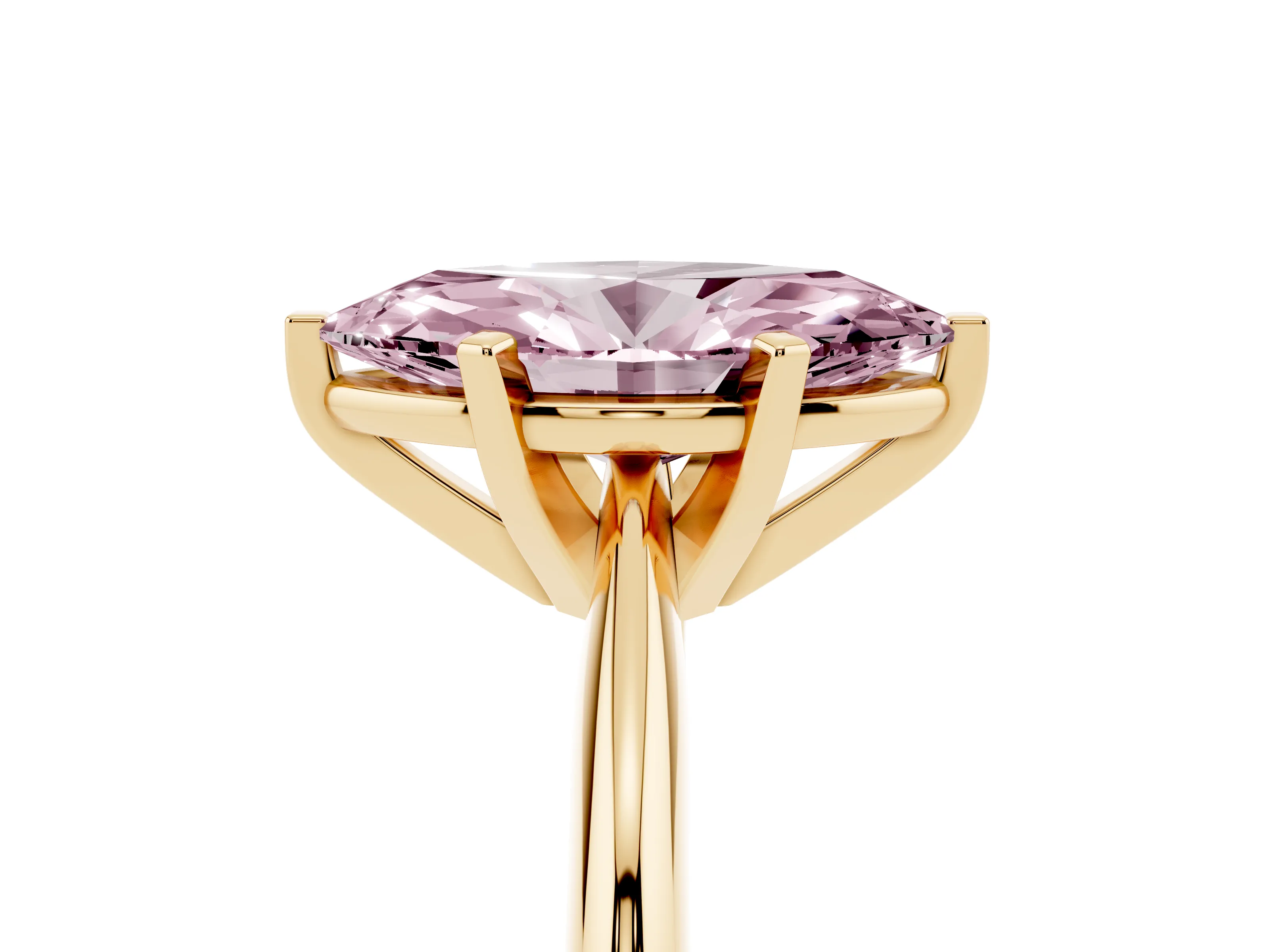 Fancy Pink Marquise Cut Diamond Solitaire Ring Set in Yellow gold with Prong Setting on a Plain Round Band
