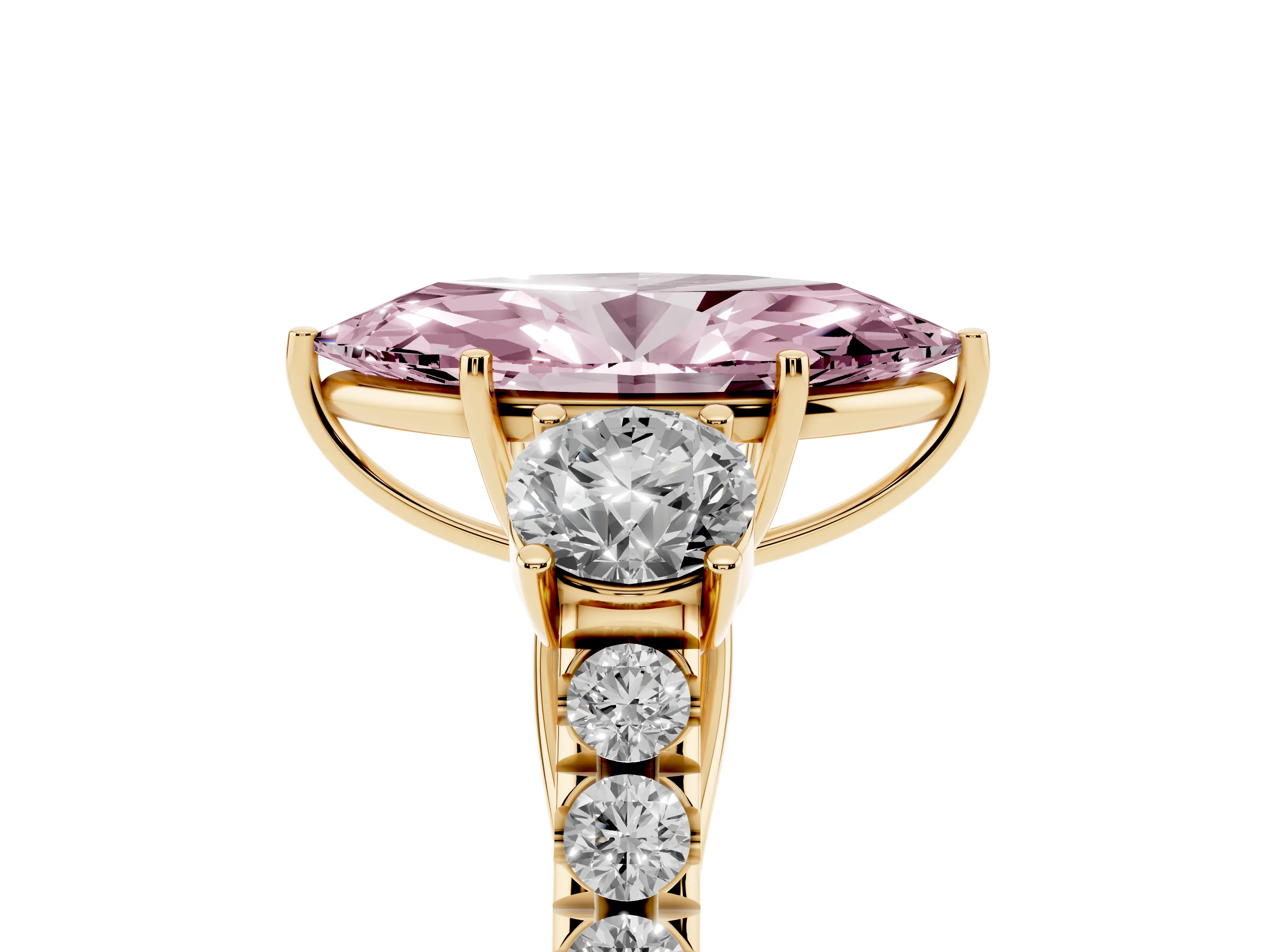 Fancy Pink Marquise Cut Diamond Three-Stone Ring Set in Yellow gold with Round Side Stones and Delicate Pavé Band