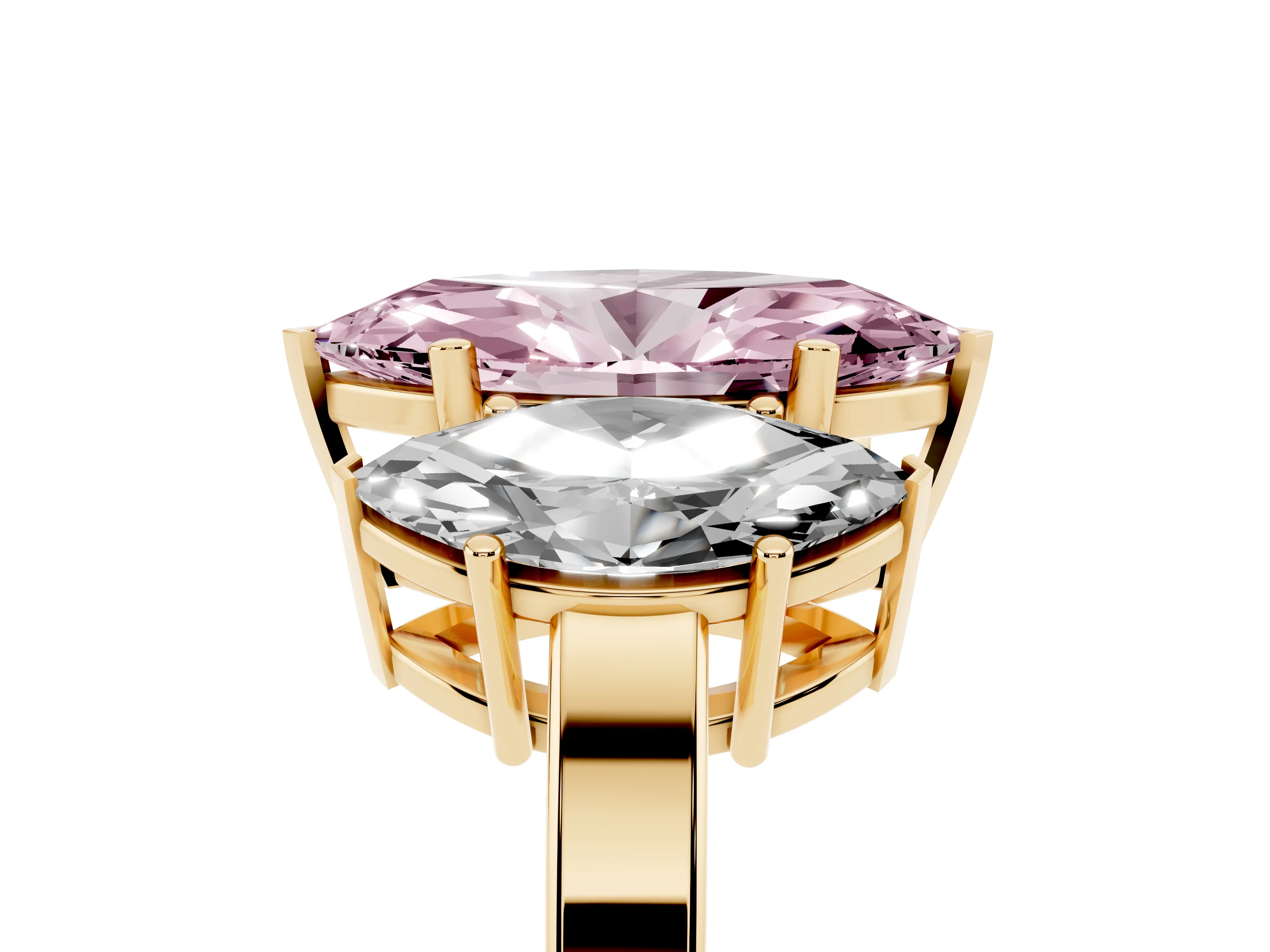Fancy Pink Marquise Cut Diamond Three-Stone Engagement Ring Set in Yellow gold with Flat Band