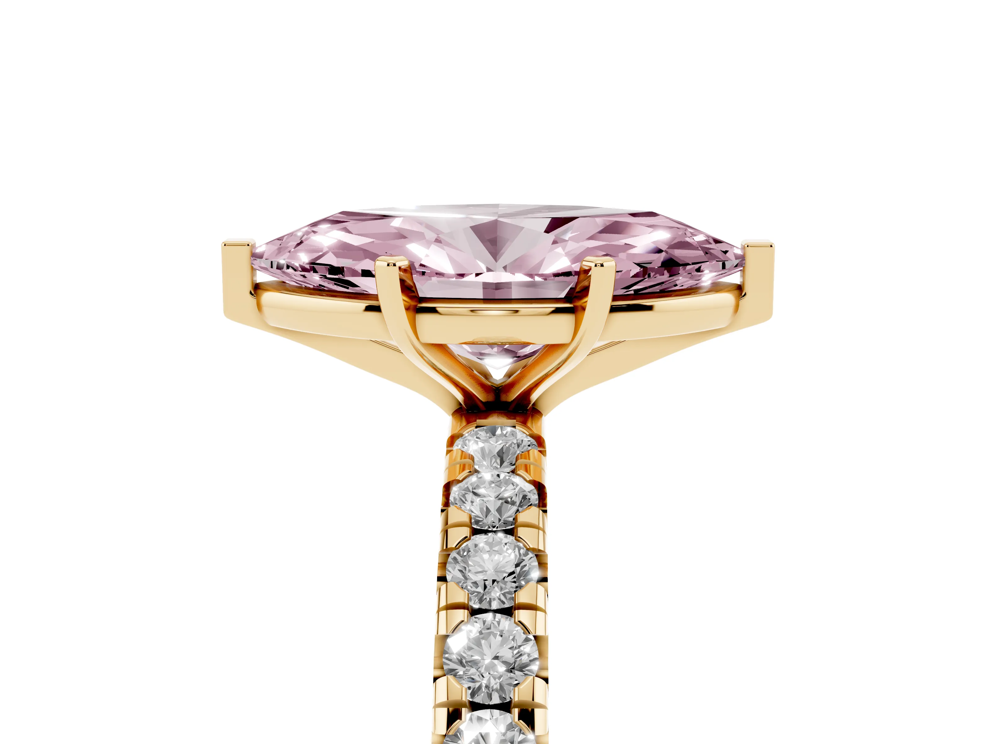 Fancy Pink Marquise Cut Diamond Pavé Solitaire Ring Set in Yellow gold with Round Band and Prong Setting