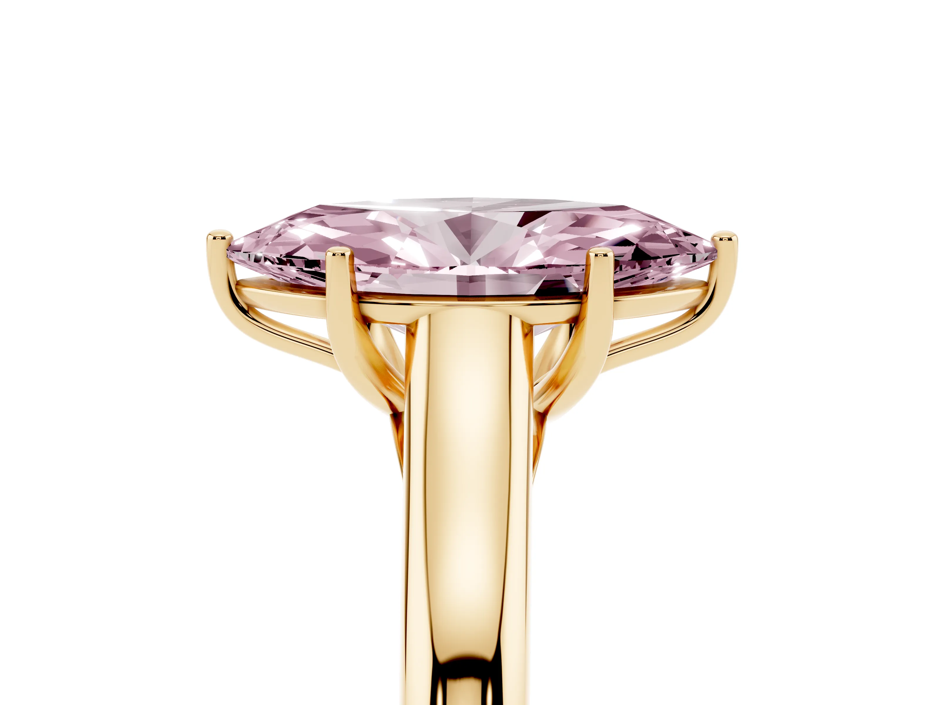 Fancy Pink Marquise Cut Diamond Solitaire Engagement Ring Set in Yellow gold with Subtly Tapered Band and Prong Setting