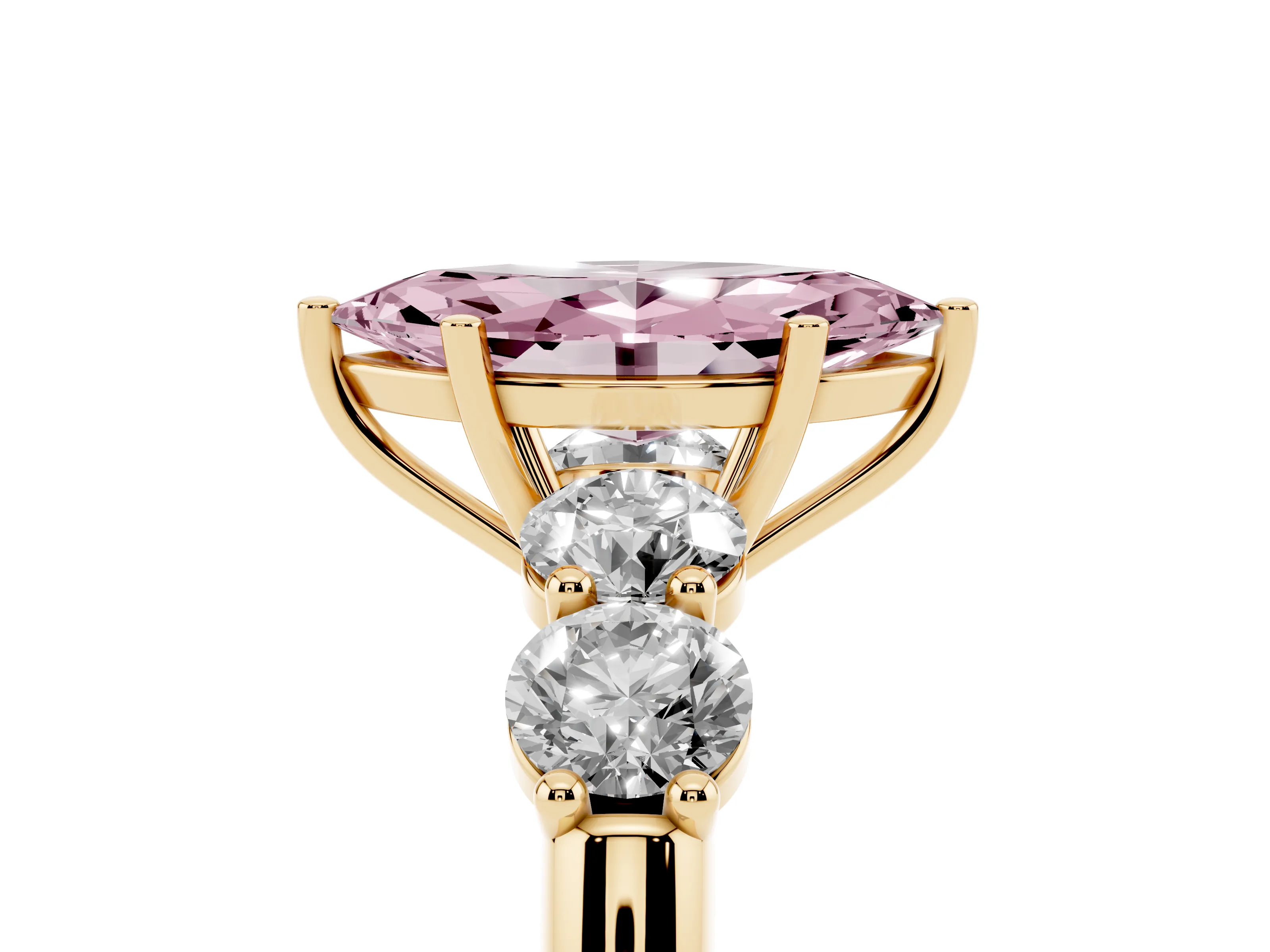 Fancy Pink Marquise Cut Diamond Five-Stone Prong Set Ring Set in Yellow gold with Classic Band