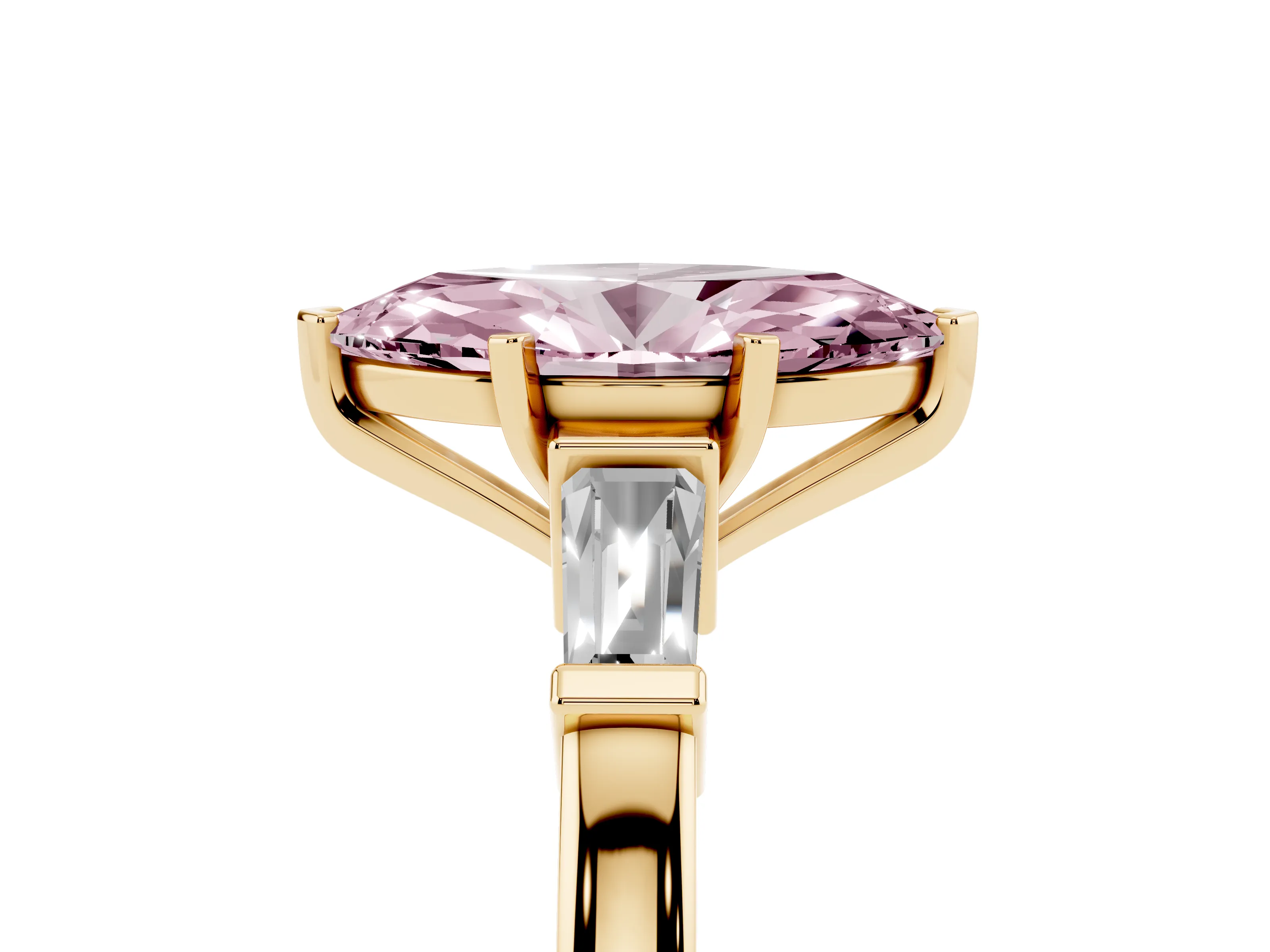 Fancy Pink Marquise Cut Diamond Solitaire Ring Set in Yellow gold with Tapered Baguette Accents and Prong Setting