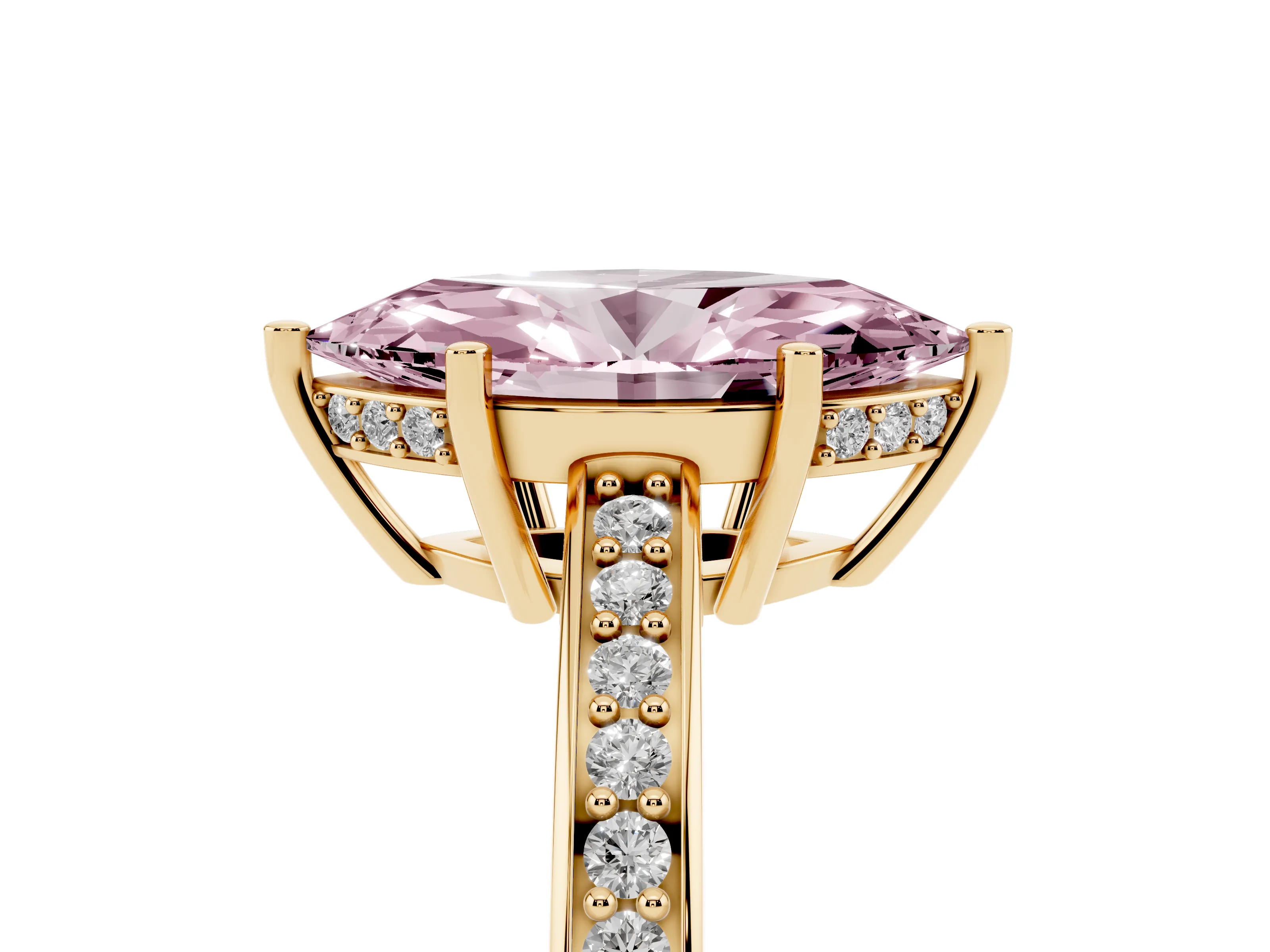 Fancy Pink Marquise Cut Diamond Pavé Band Prong Set Solitaire Ring Set in Yellow gold