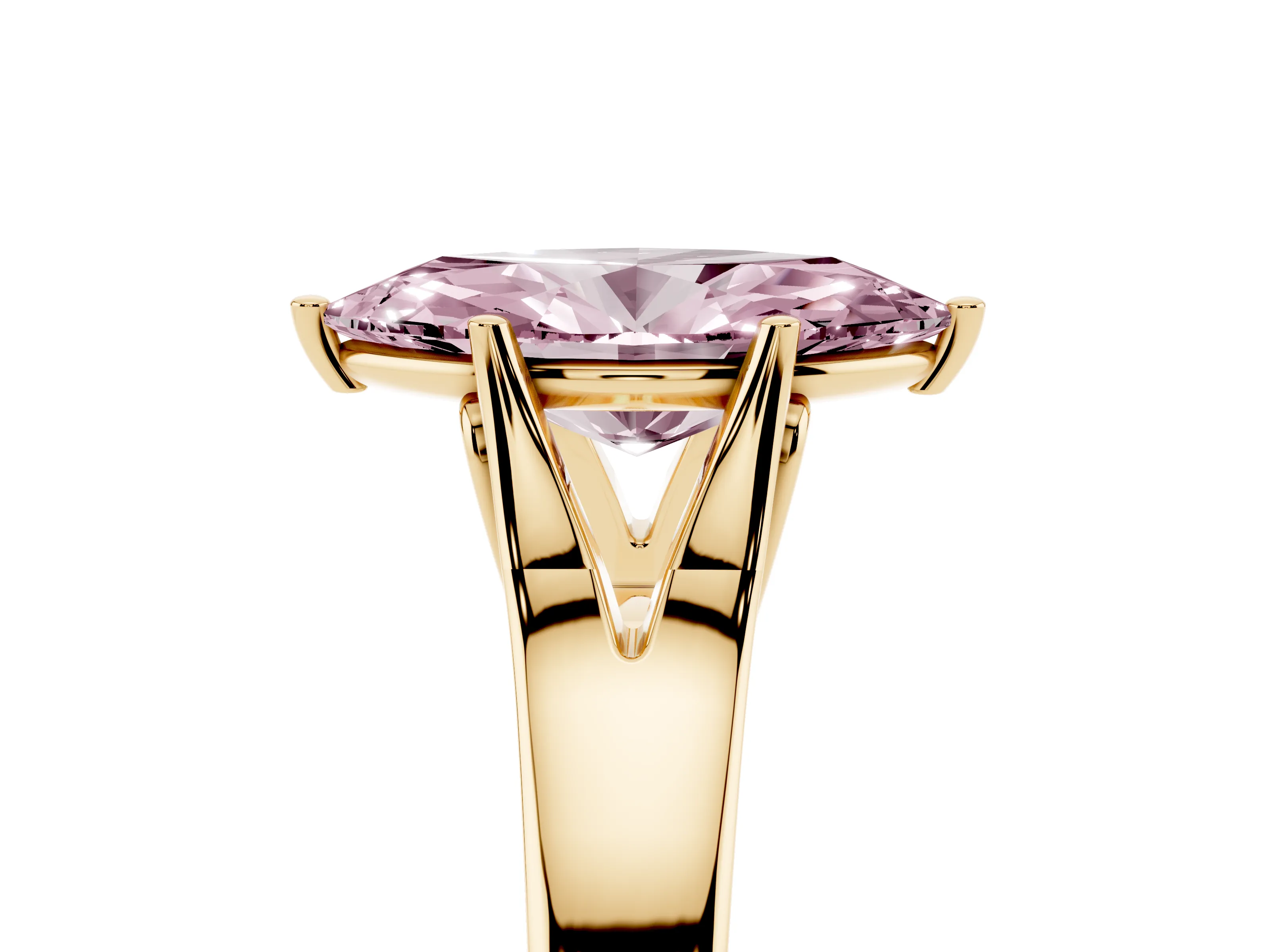Fancy Pink Marquise Cut Diamond Solitaire Ring Set in Yellow gold with Arched Cathedral Band and Prong Setting