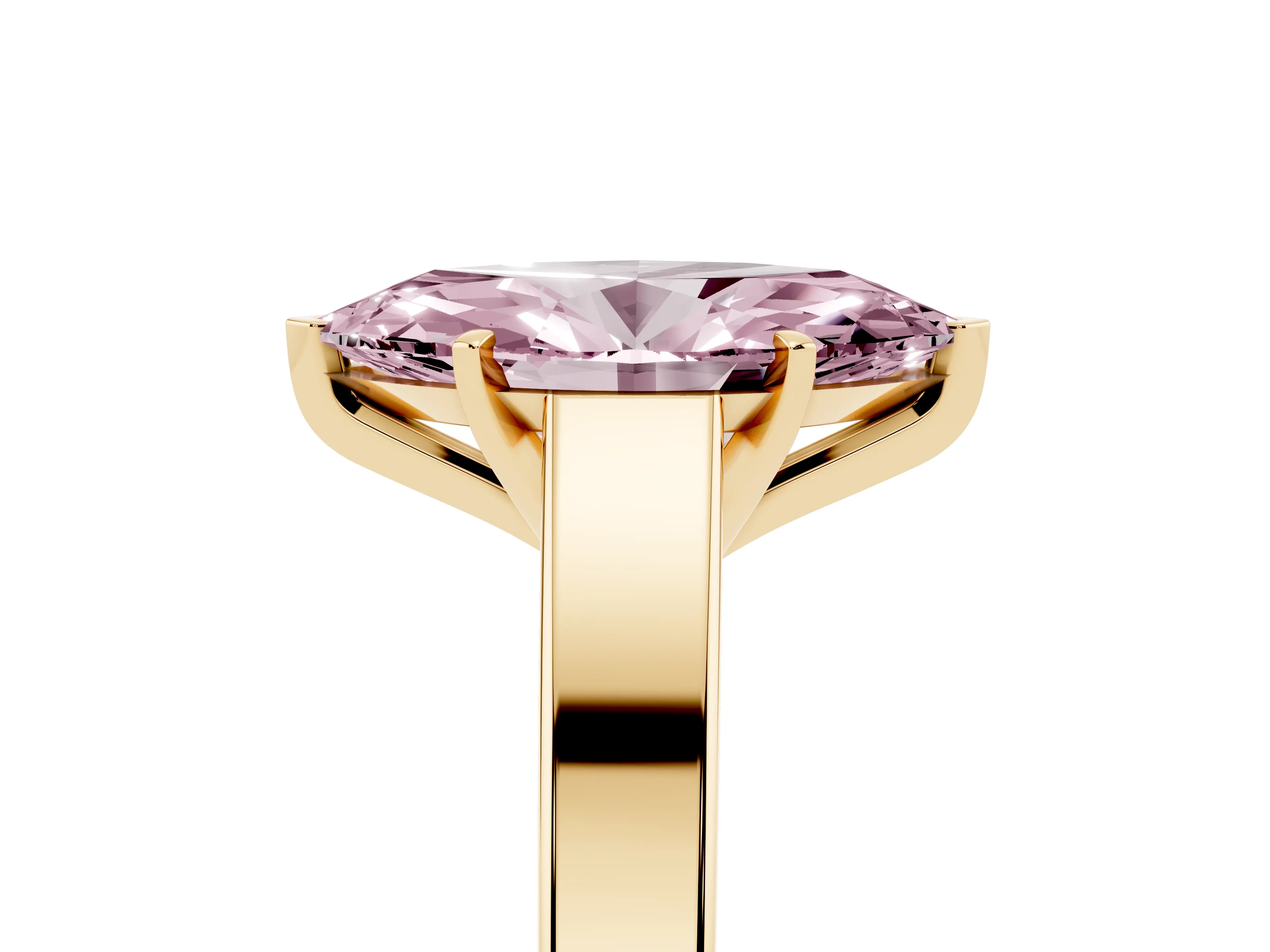 Fancy Pink Marquise Cut Diamond Solitaire Engagement Ring Set in Yellow gold with Prong Setting and Tapered Band