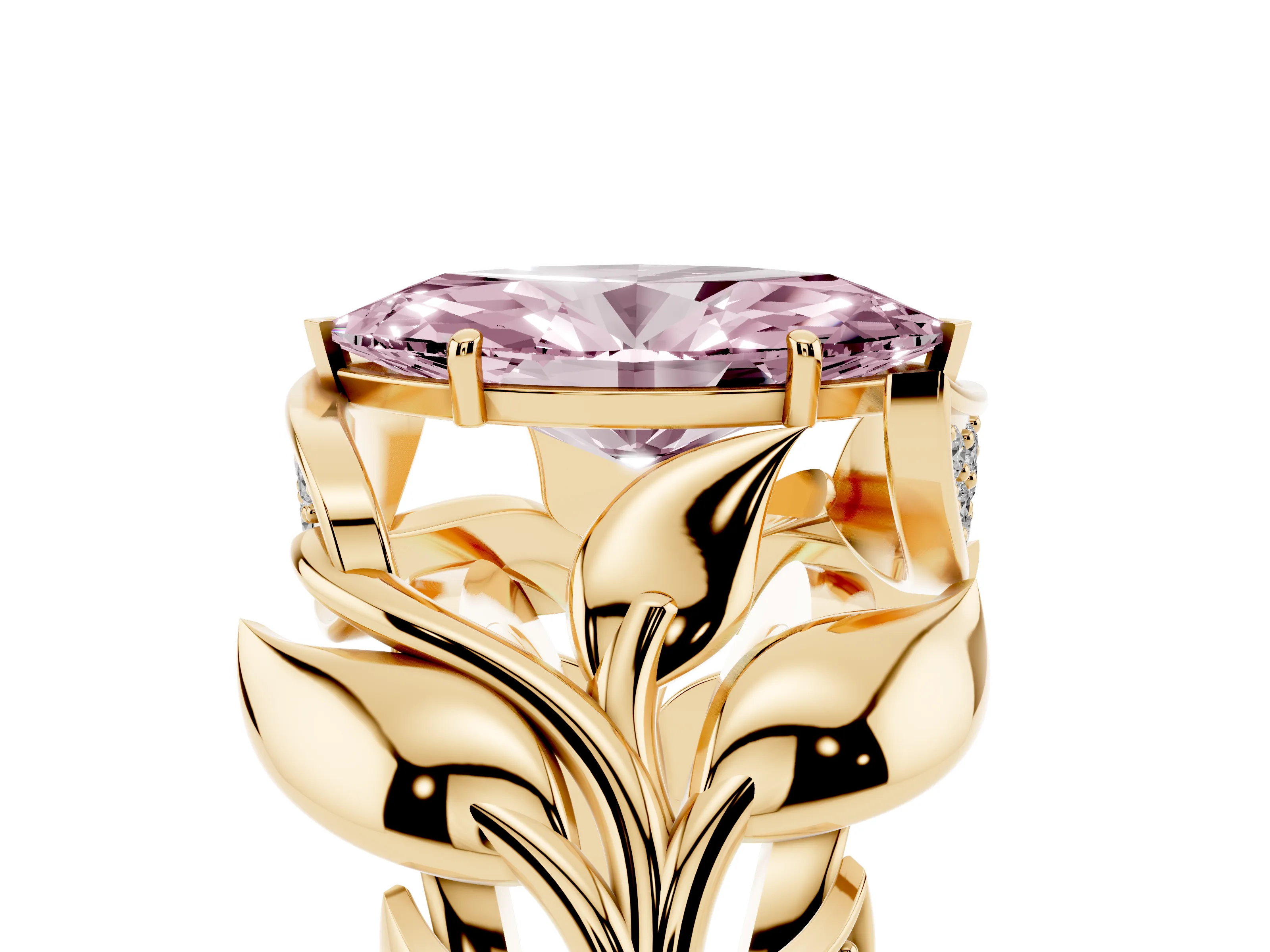 Fancy Pink Marquise Cut Diamond Leaf-Inspired Engagement Ring Set in Yellow gold with Round Accents