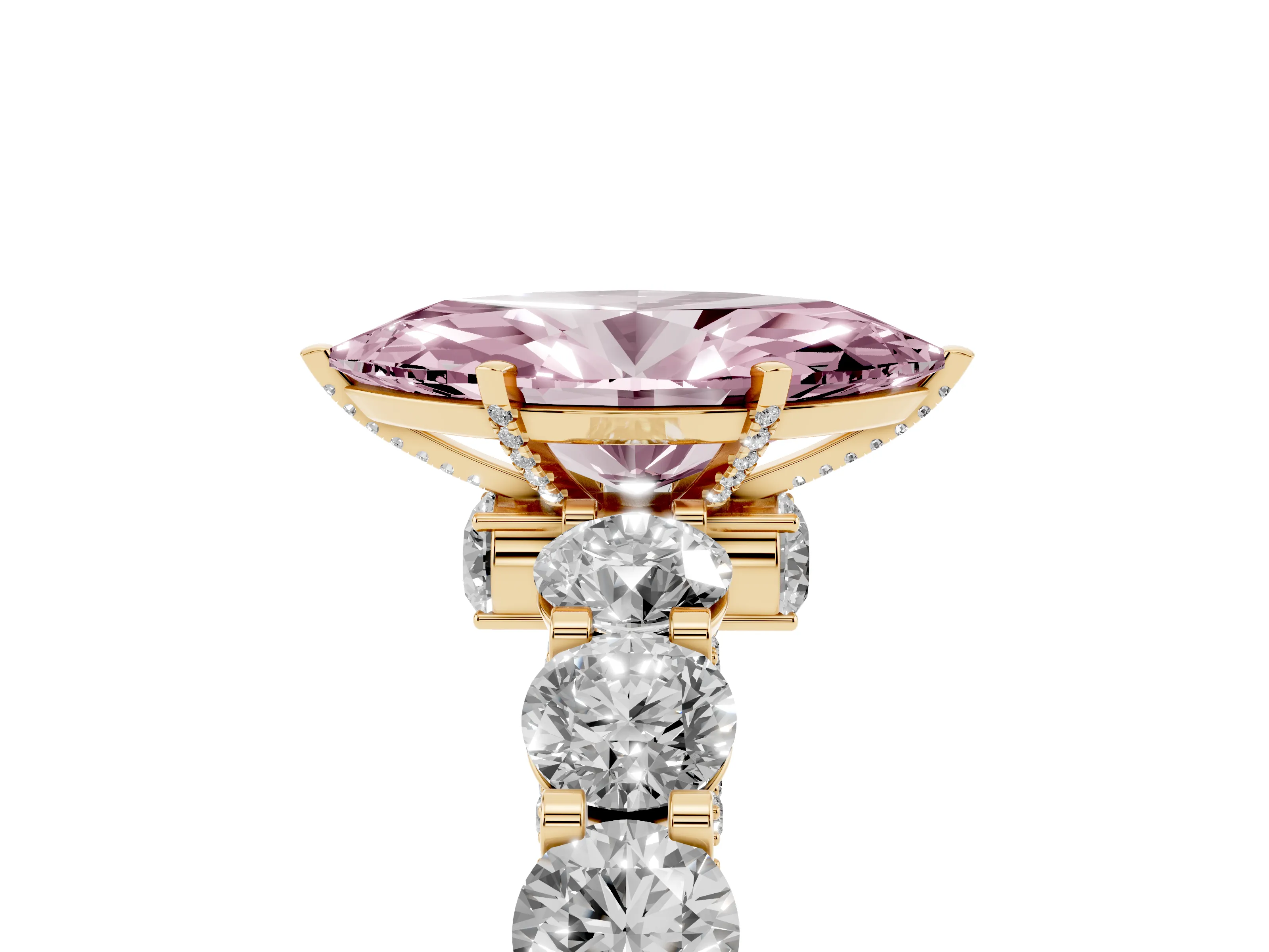 Fancy Pink Marquise Cut Diamond Side Stone Ring Set in Yellow gold with Alternating Round and Oval Side Stones