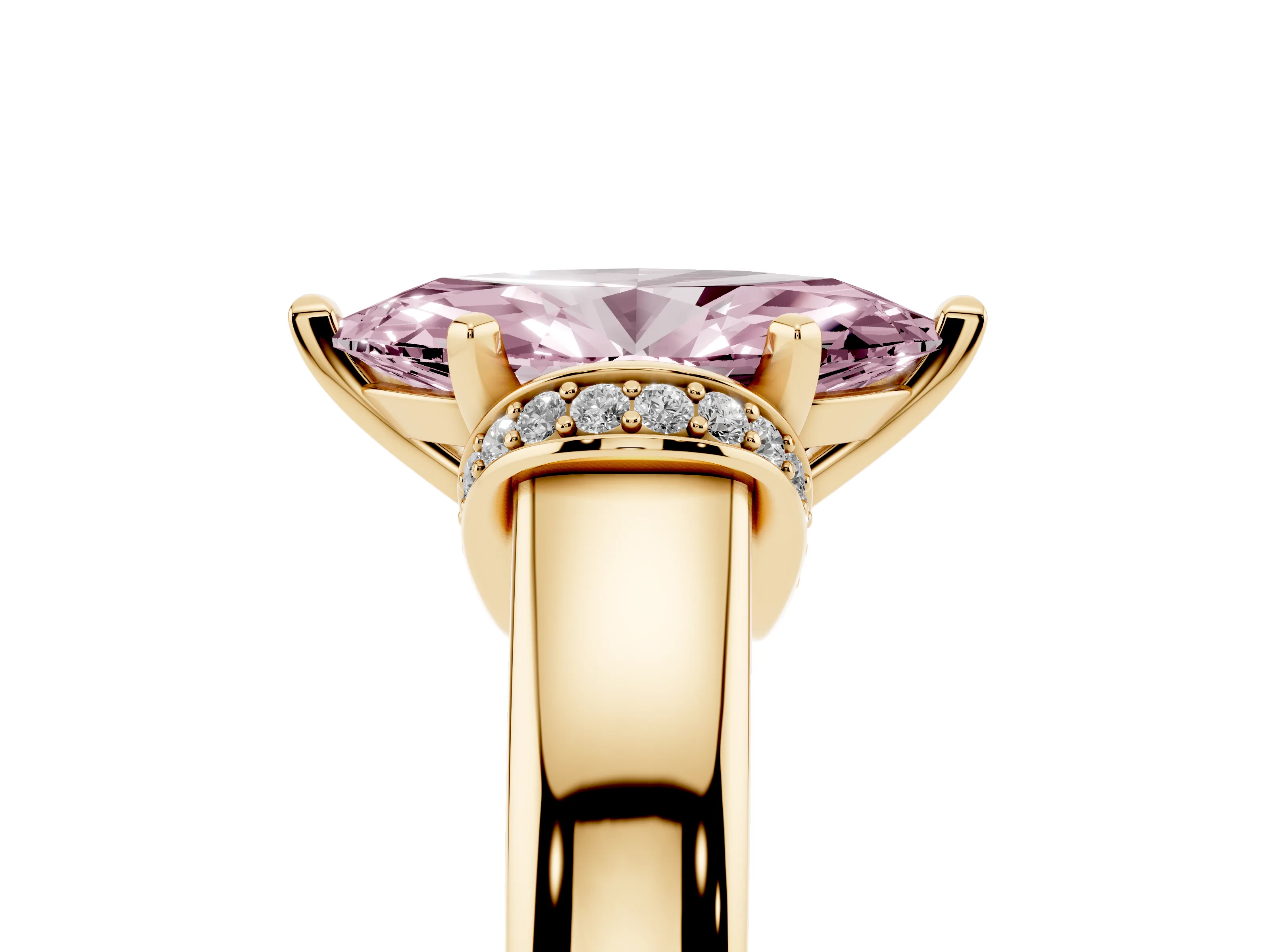 Fancy Pink Marquise Cut Diamond Pavé Band Solitaire Ring Set in Yellow gold with Prong Setting