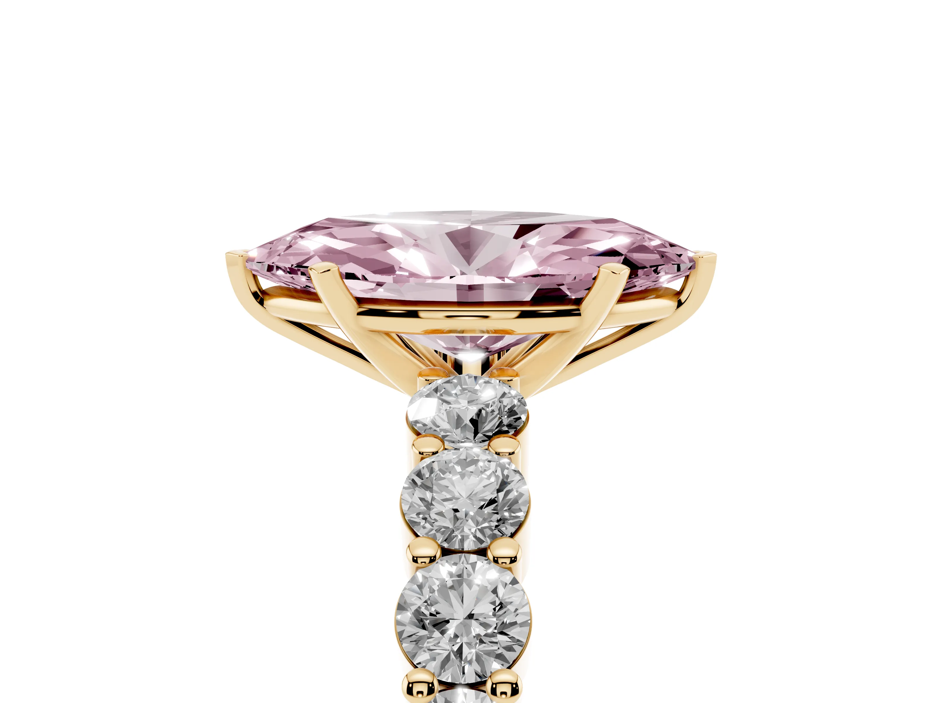 Fancy Pink Marquise Cut Diamond Solitaire Ring Set in Yellow gold with Shared Prong Round Side Stones