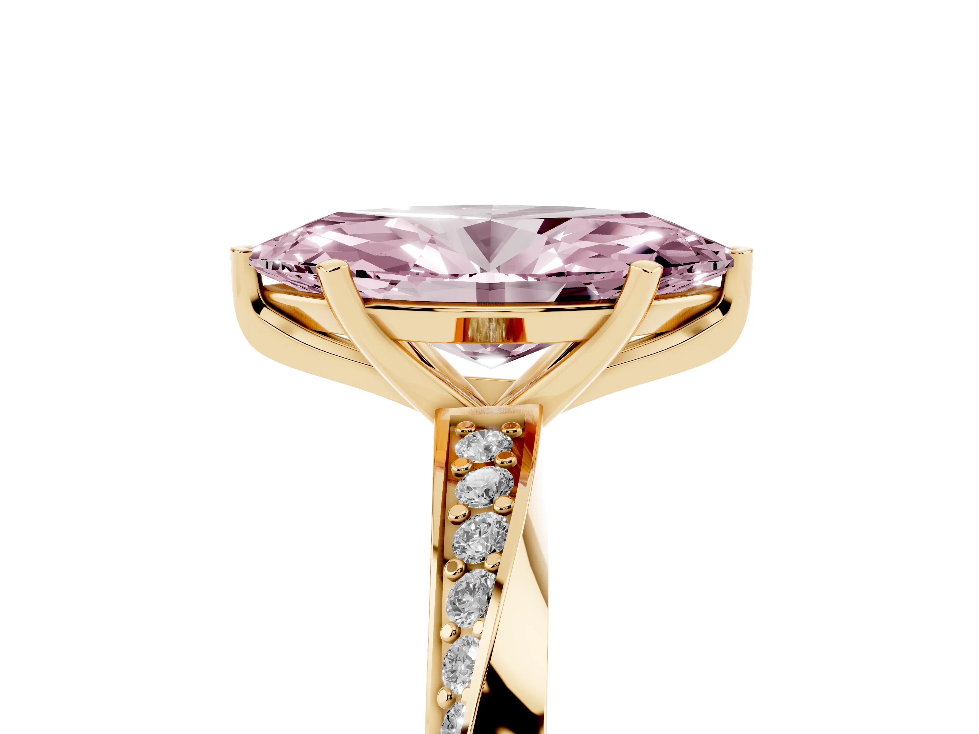 Fancy Pink Marquise Cut Diamond Engagement Ring Set in Yellow gold with Side Stone Accents and Prong Setting