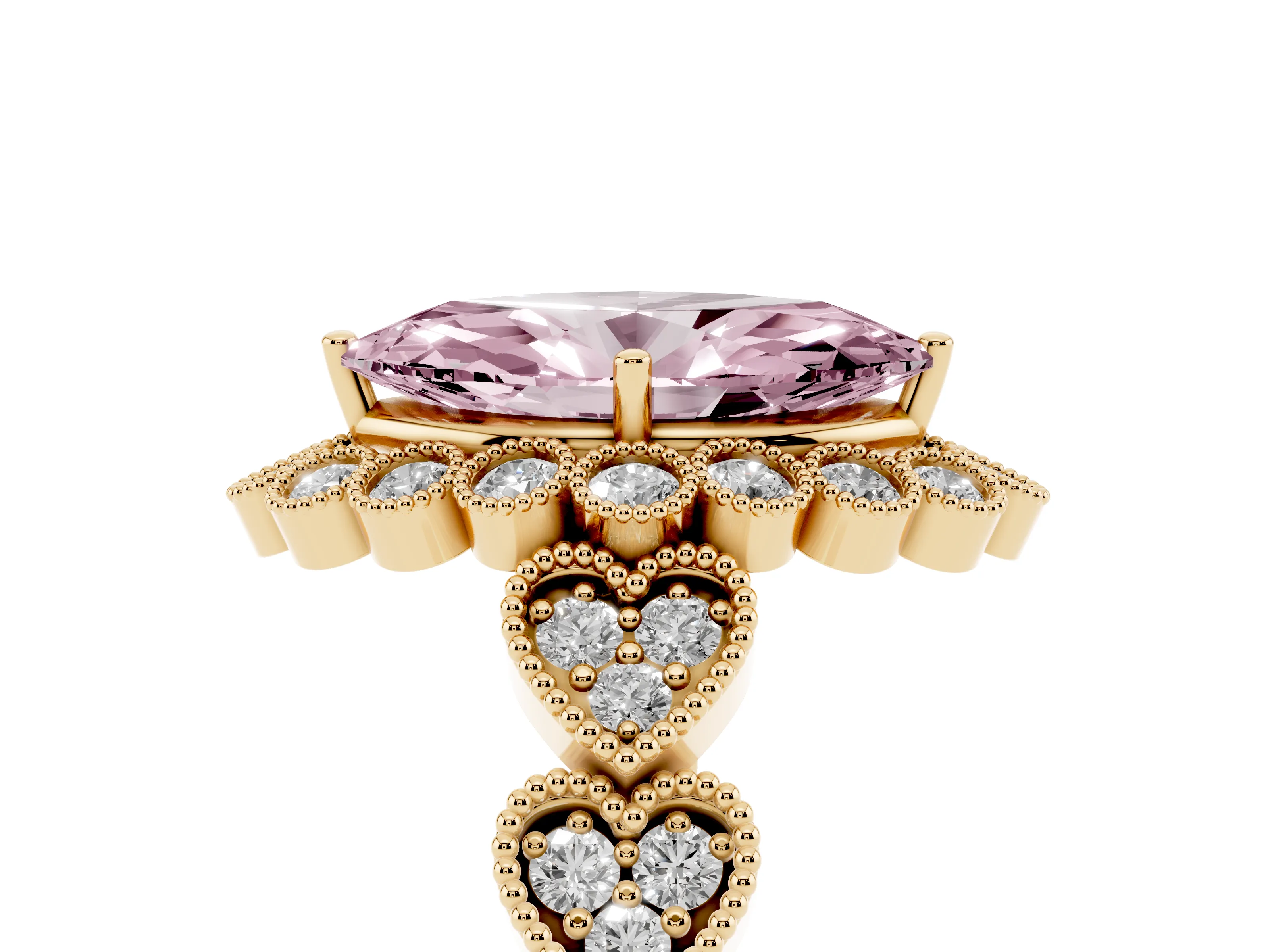 Fancy Pink Marquise Cut Diamond Solitaire Ring Set in Yellow gold with Milgrain Pavé Heart Band