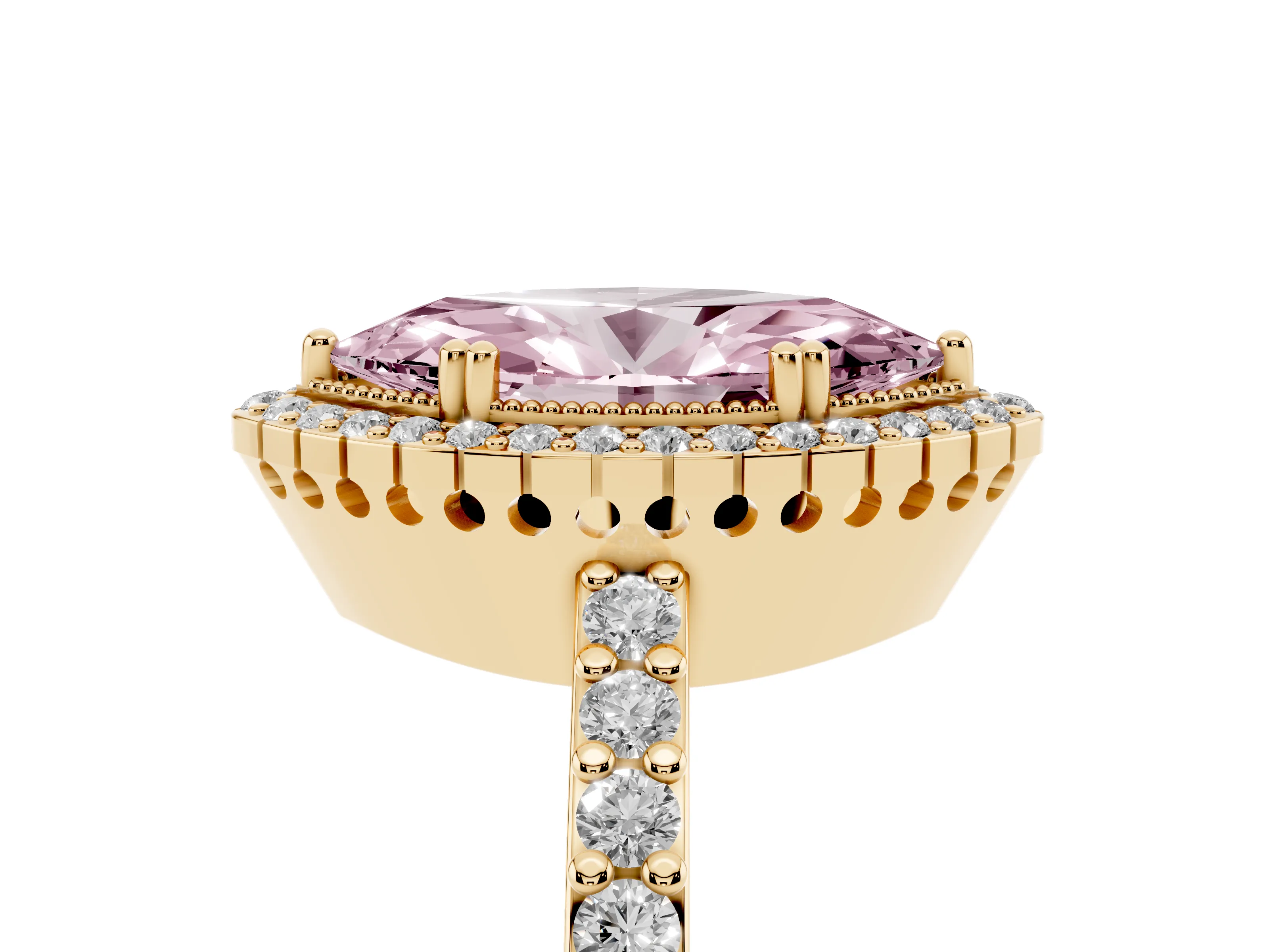 Fancy Pink Marquise Cut Diamond Halo Engagement Ring Set in Yellow gold with Milgrain Detail and Pavé Band