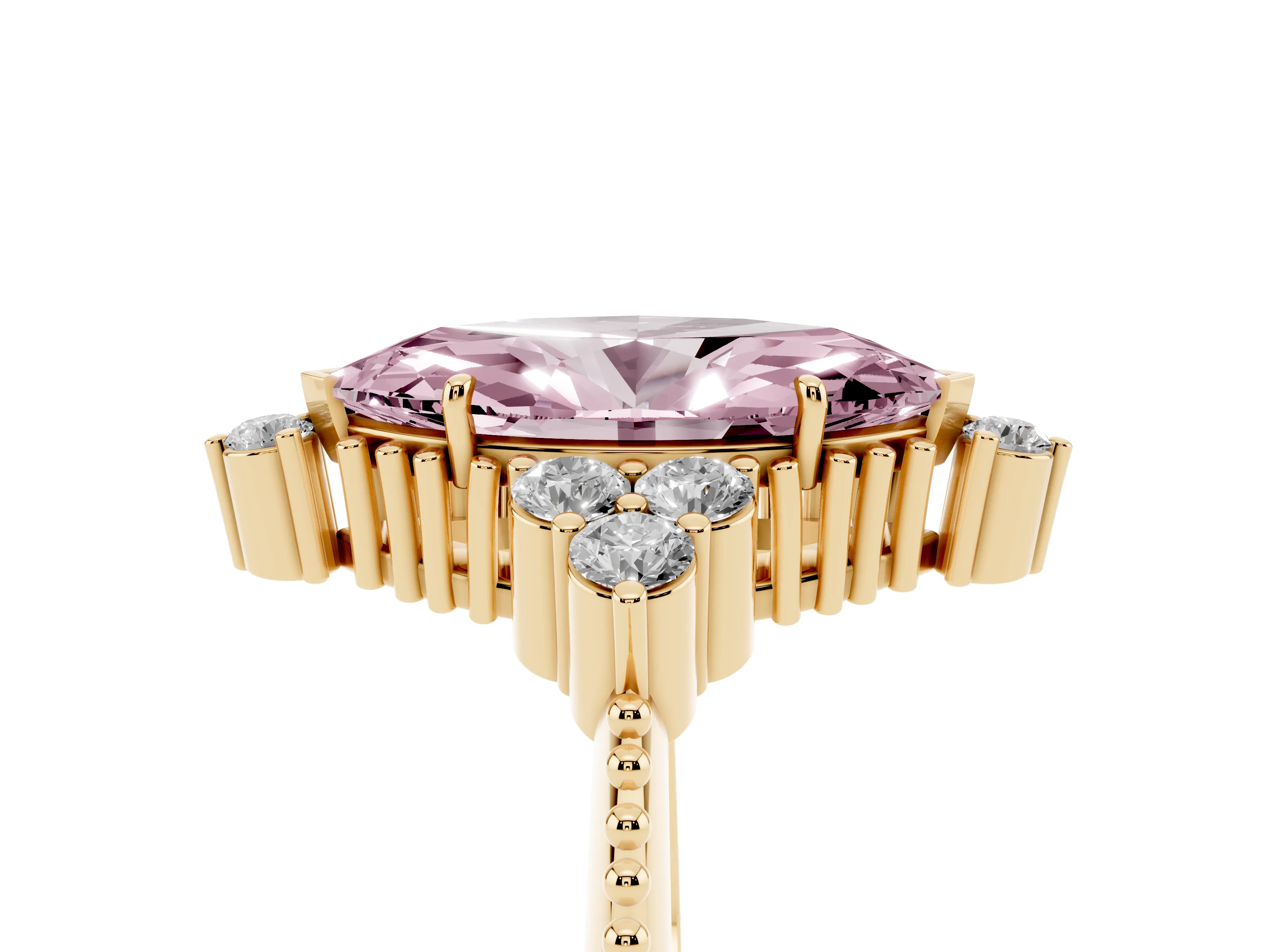 Fancy Pink Marquise Cut Diamond Cluster Ring Set in Yellow gold with Beaded Band
