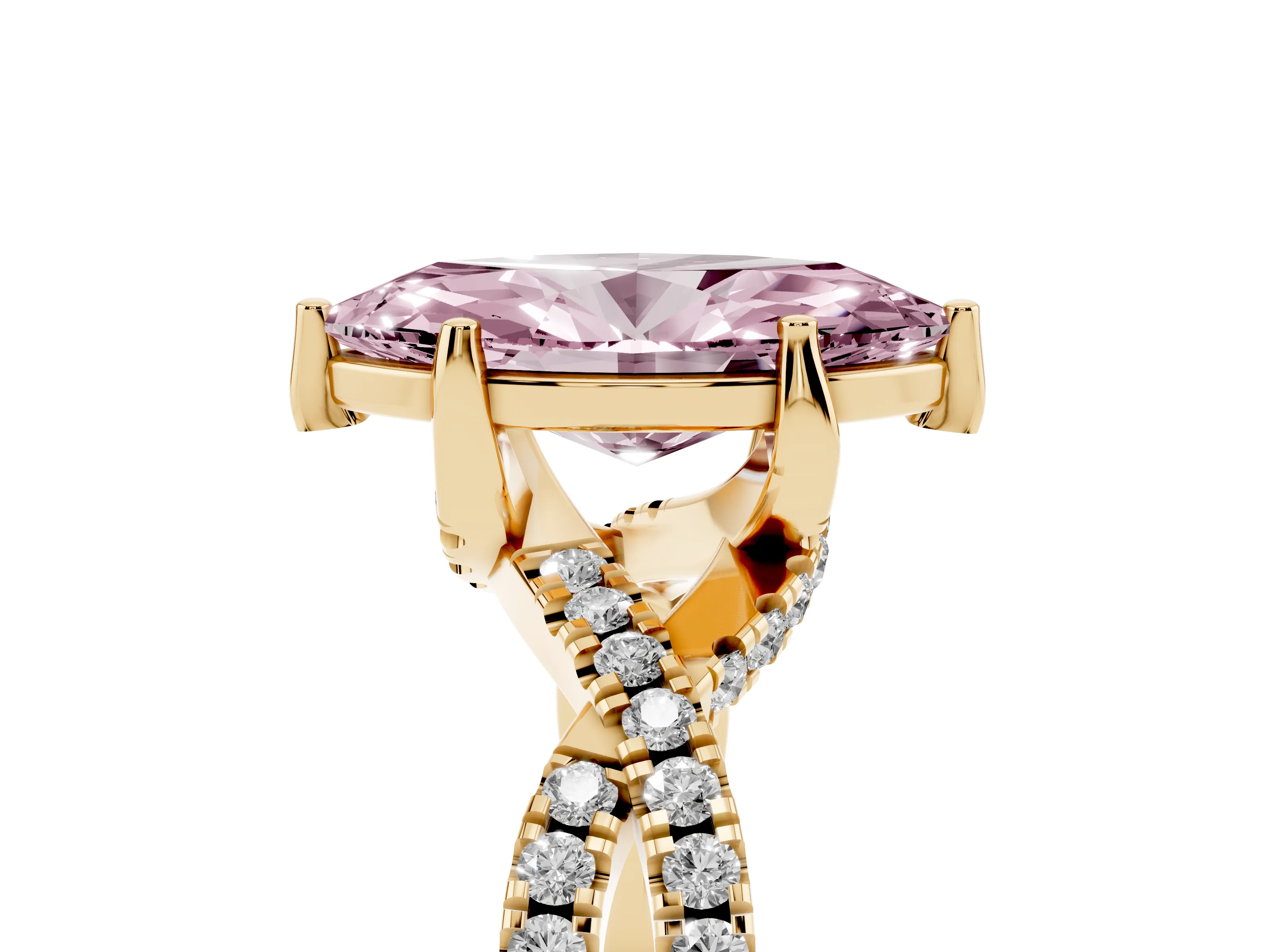 Fancy Pink Marquise Cut Diamond Twist Pavé Solitaire Engagement Ring Set in Yellow gold with Prong Setting