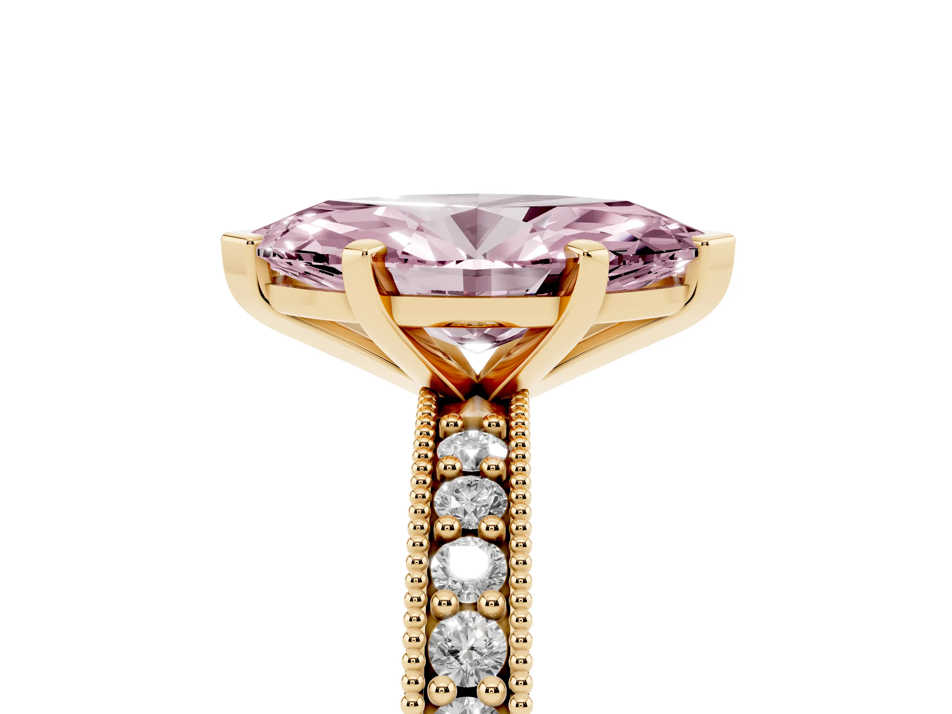 Marquise Milgrain Pavé Engagement Ring Setting for a Fancy Pink Lab-Grown Diamond | Yellow Gold