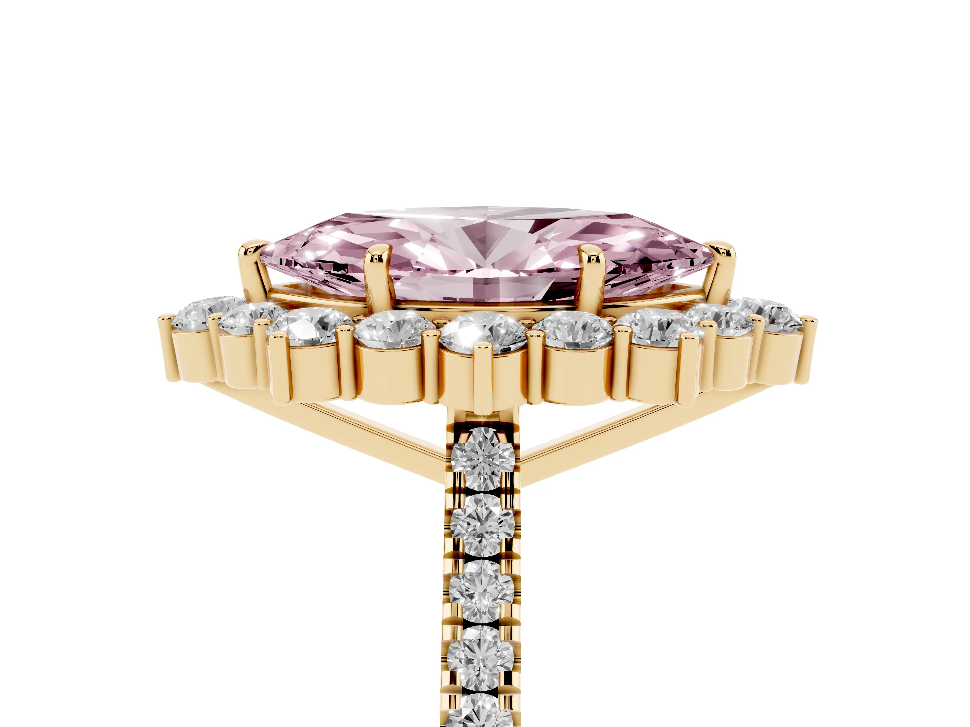 Fancy Pink Marquise Cut Diamond Halo Ring Set in Yellow gold with Pavé Band and Prong Setting