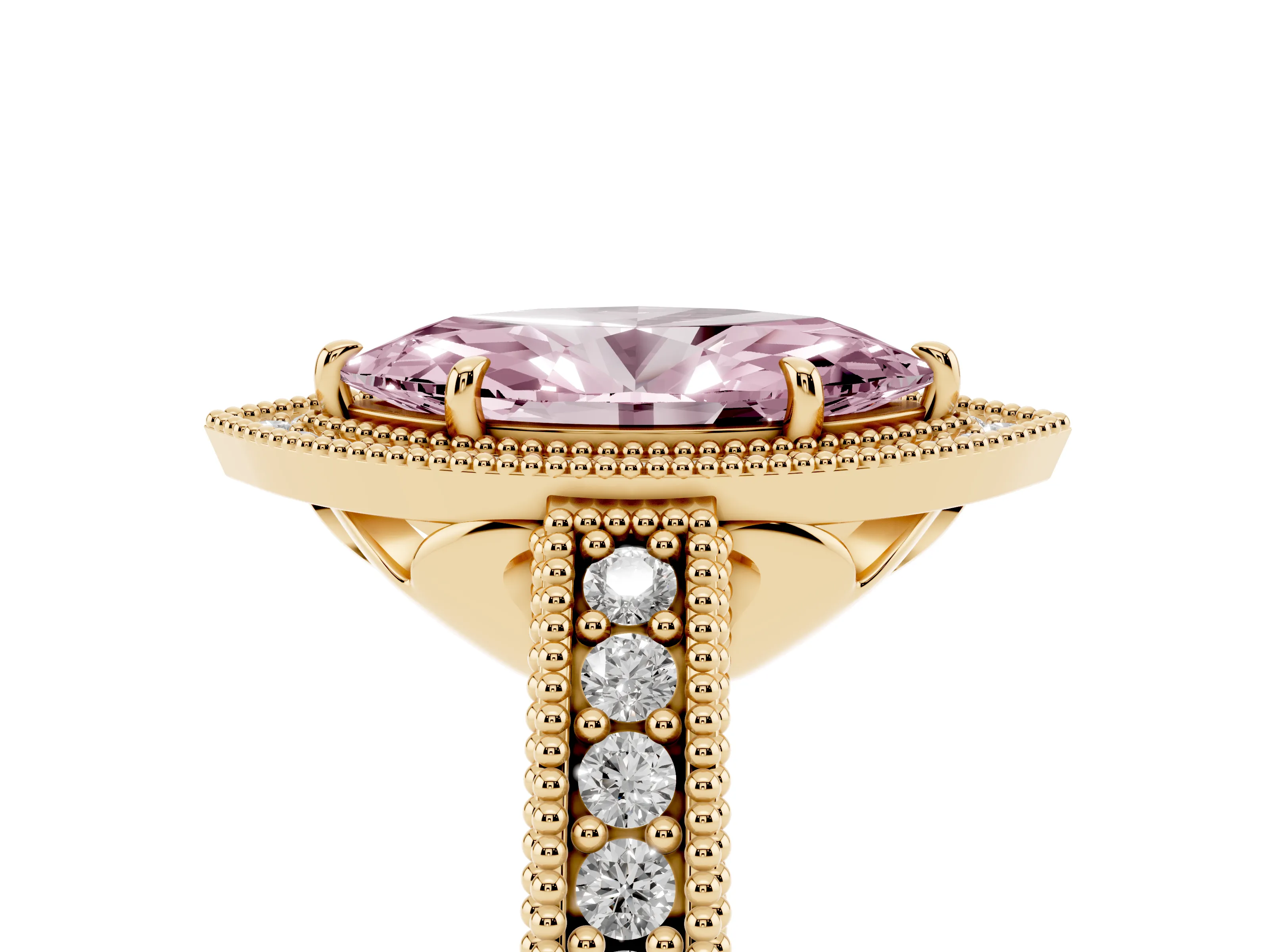 Fancy Pink Marquise Cut Diamond Halo Ring Set in Yellow gold with Round Accent Halo, Pavé Band and Prong Setting