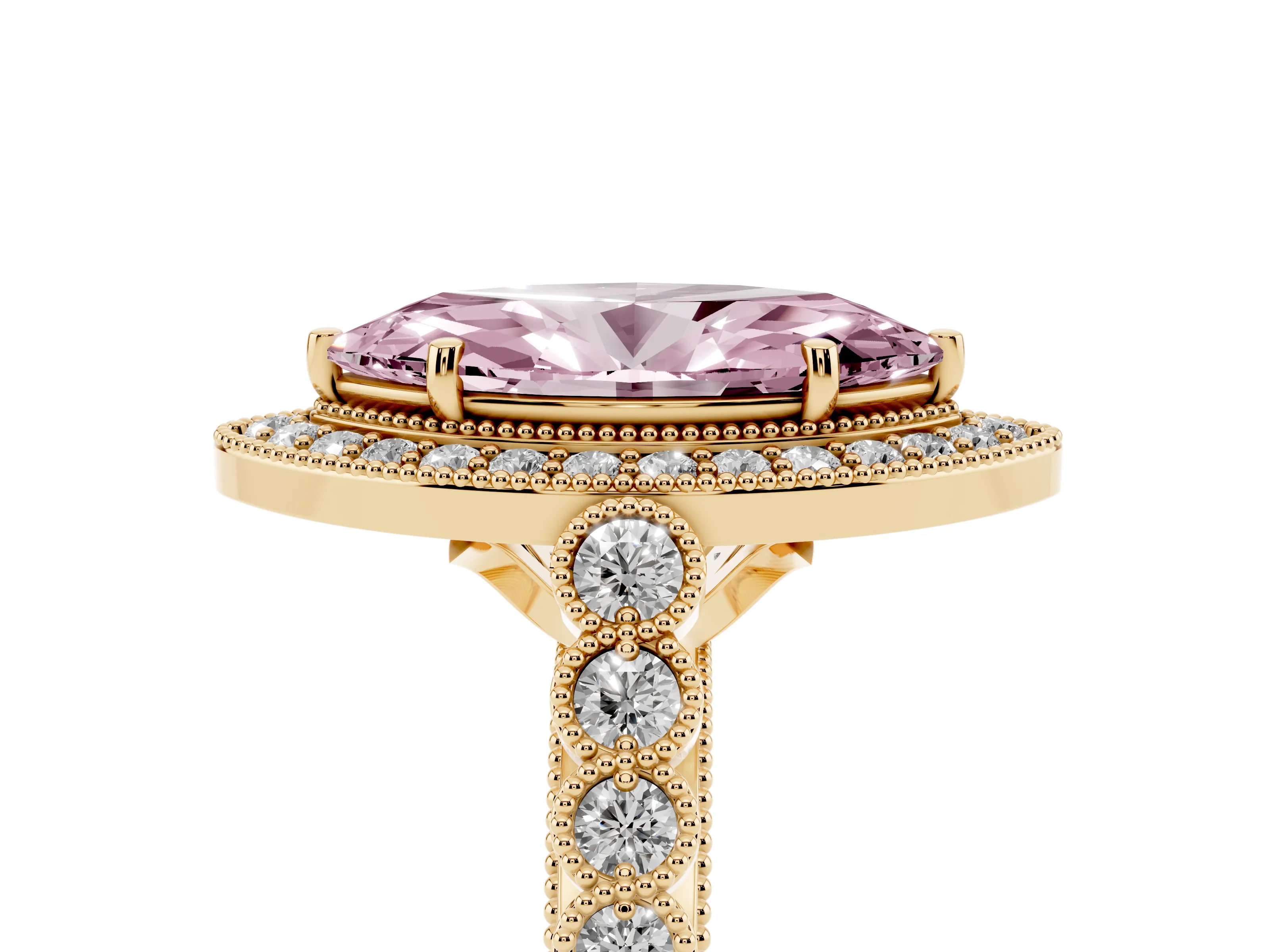 Fancy Pink Marquise Cut Diamond Milgrain Halo Solitaire Ring Set in Yellow gold with Bezel Set Side Stones and Pavé Band