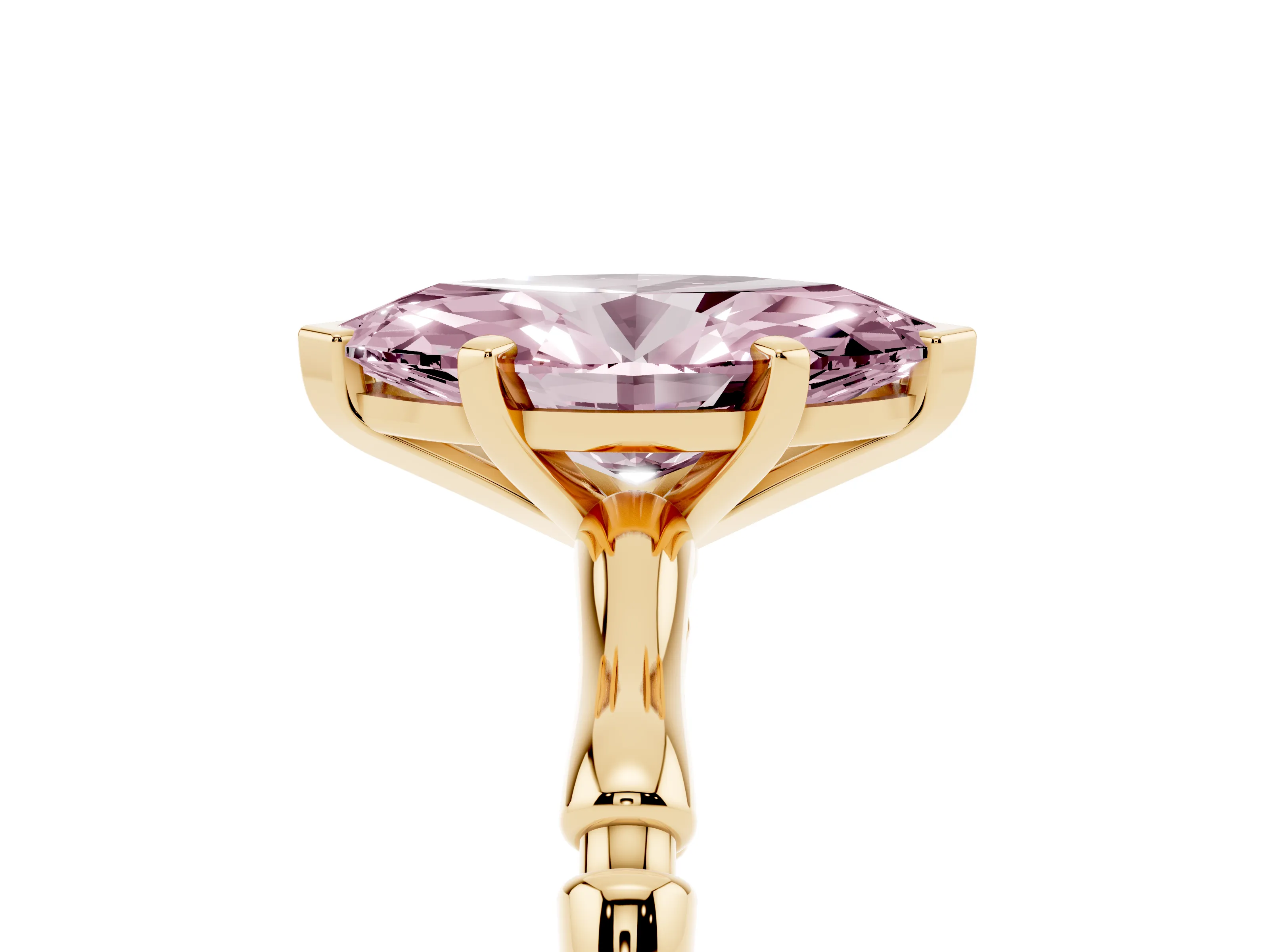 Fancy Pink Marquise Cut Diamond Solitaire Ring Set in Yellow gold with Bamboo Band and Prong Setting