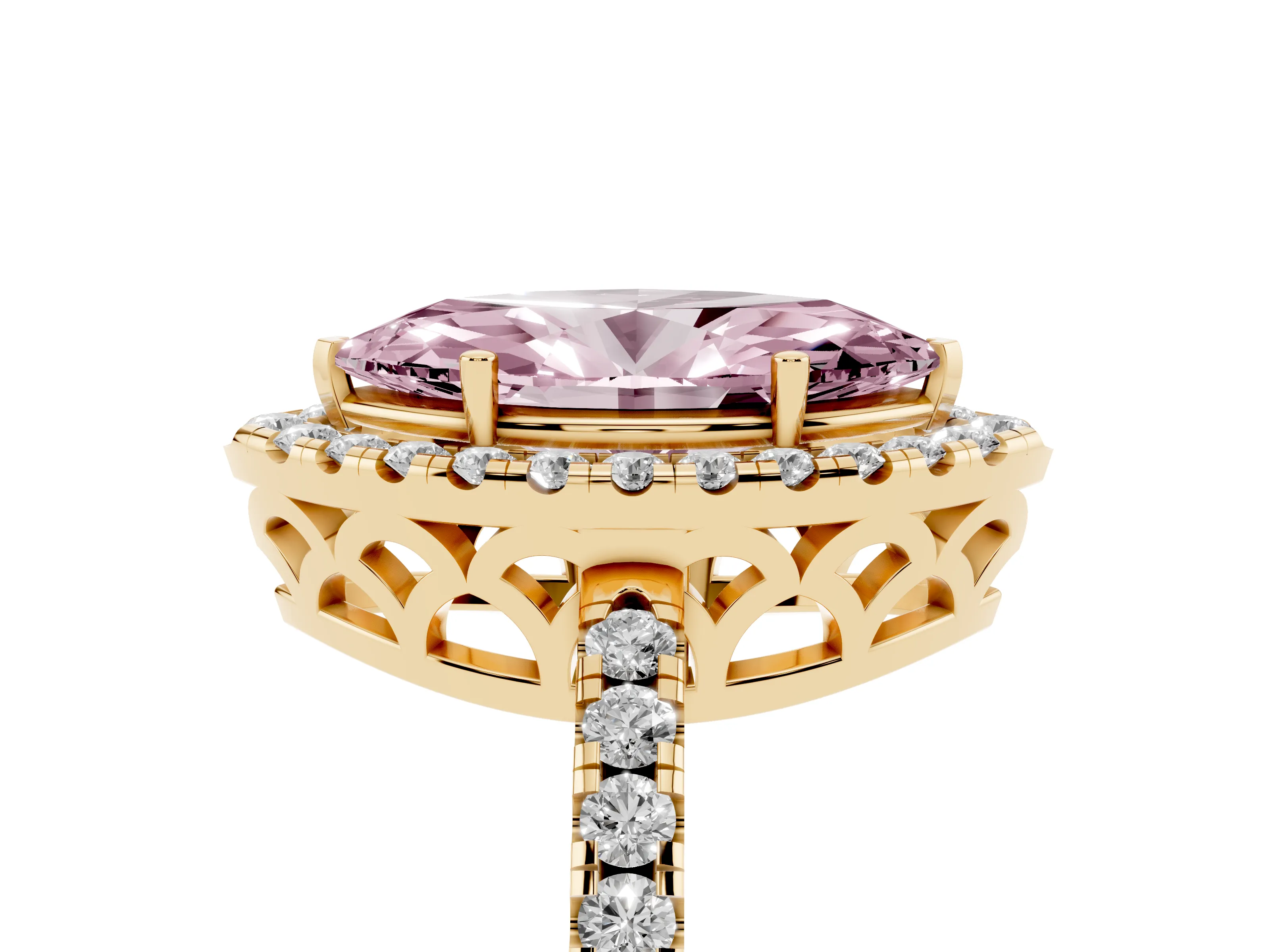 Fancy Pink Marquise Cut Diamond Pavé Band Halo Engagement Ring Set in Yellow gold with Prong Setting