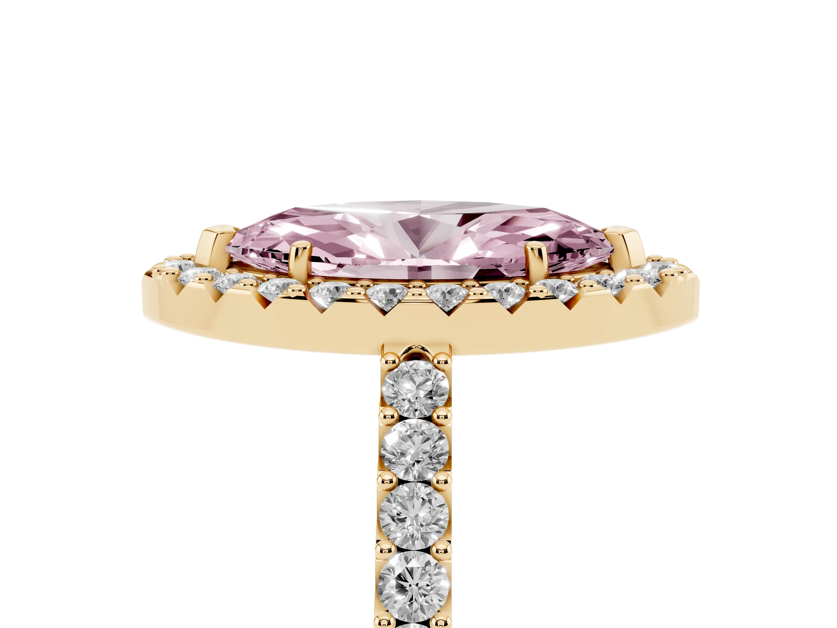 Fancy Pink Marquise Cut Diamond Halo Pavé Solitaire Ring Set in Yellow gold with Prong-Set Center Stone