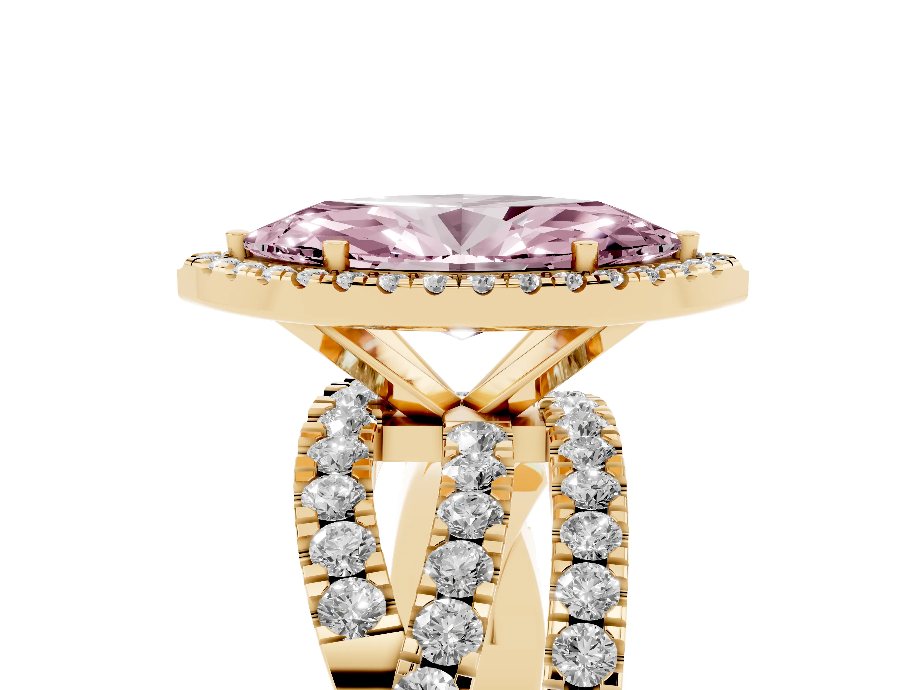 Fancy Pink Marquise Cut Diamond Halo Ring Set in Yellow gold with Round Crossover Split Shank and Prong Setting