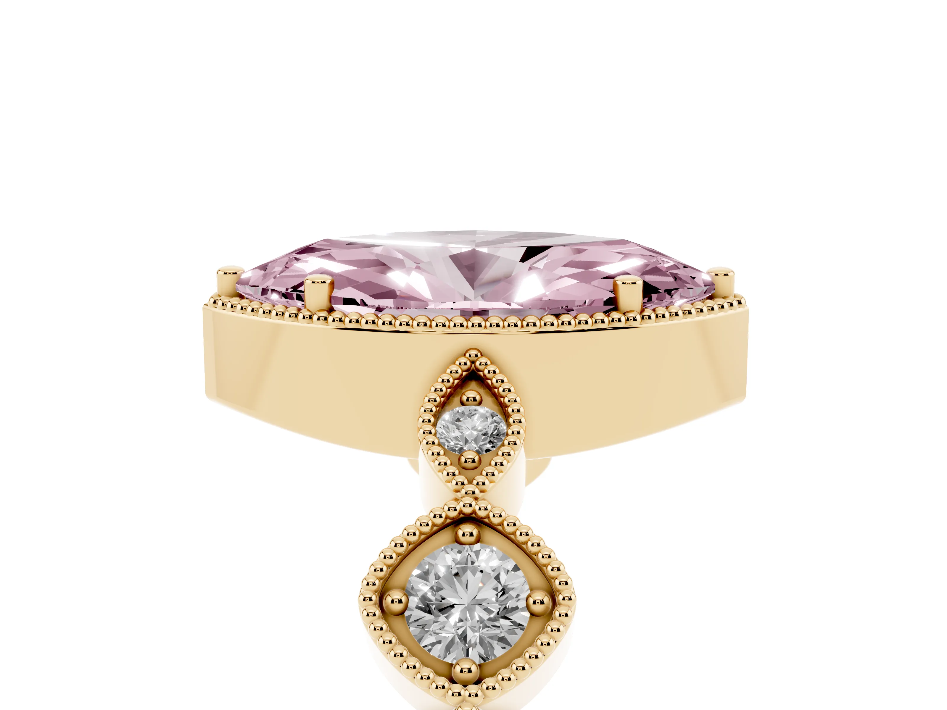 Fancy Pink Marquise Cut Diamond Vintage-Inspired Milgrain Ring Set in Yellow gold with Marquise Stations of Round Accents