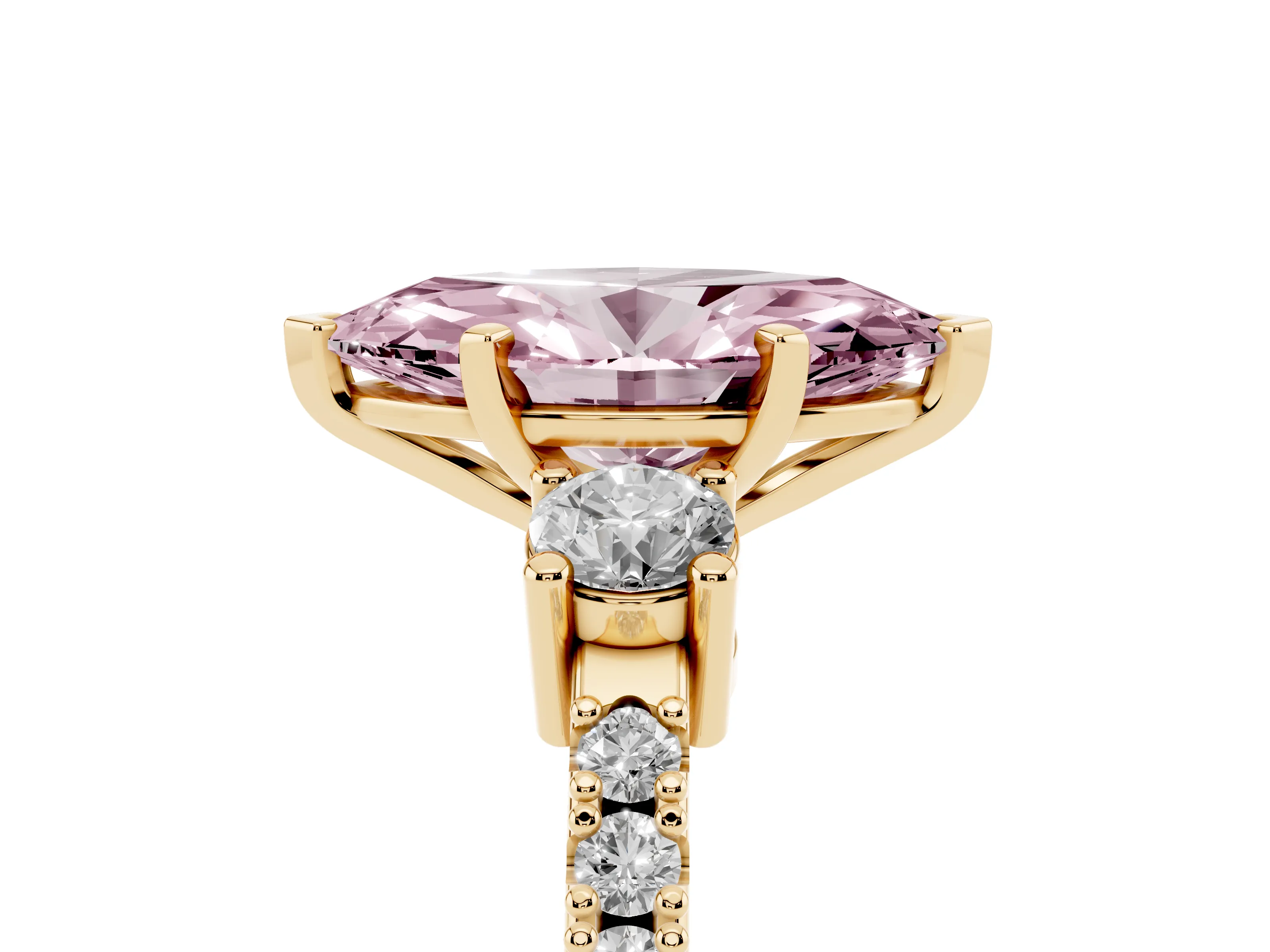 Fancy Pink Three-Stone Marquise Cut Diamond Pavé Band Ring Set in Yellow gold with Prong Setting