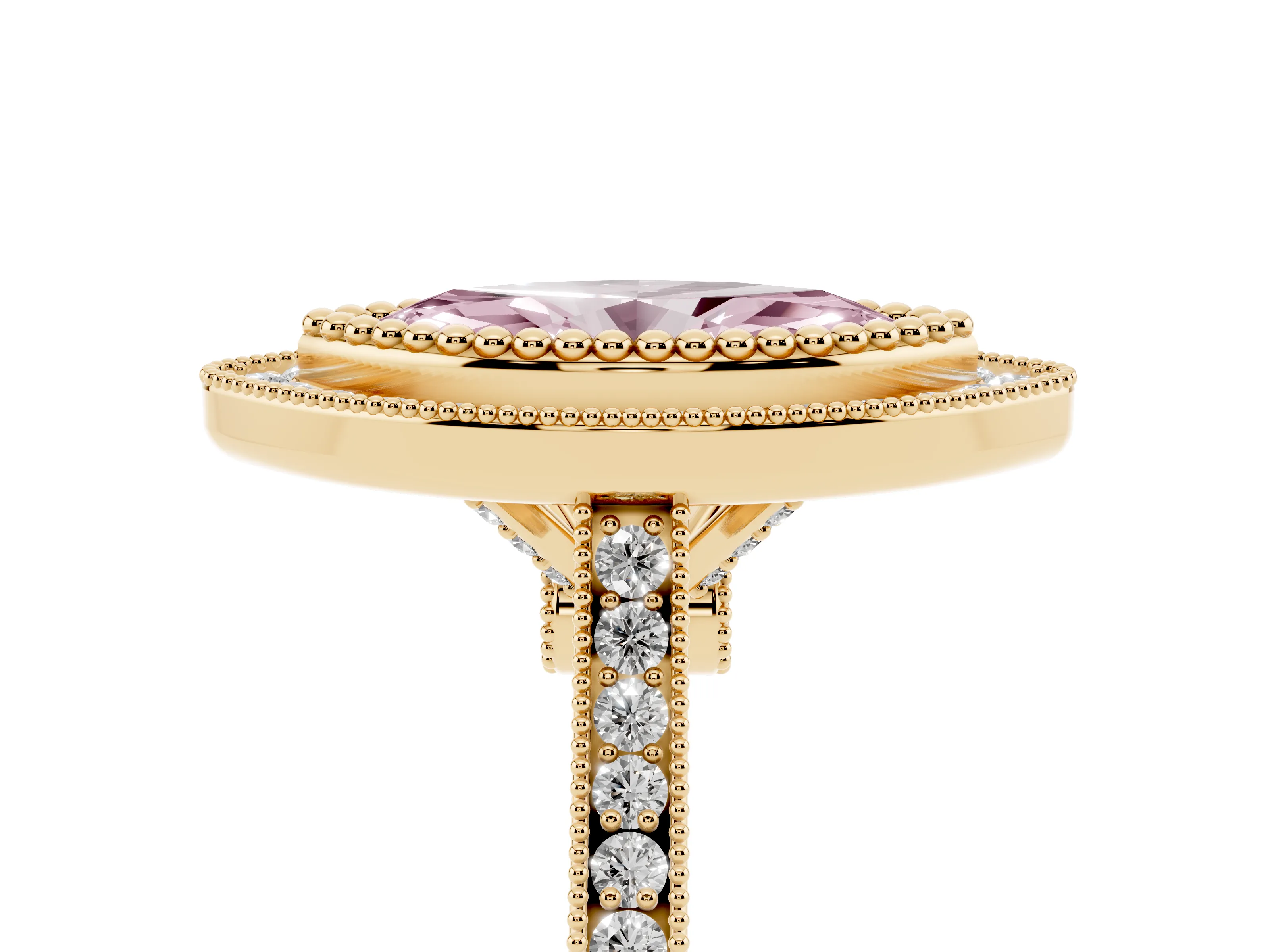 Fancy Pink Marquise Cut Diamond Halo Ring Set in Yellow gold with Milgrain Frame and Pavé Band
