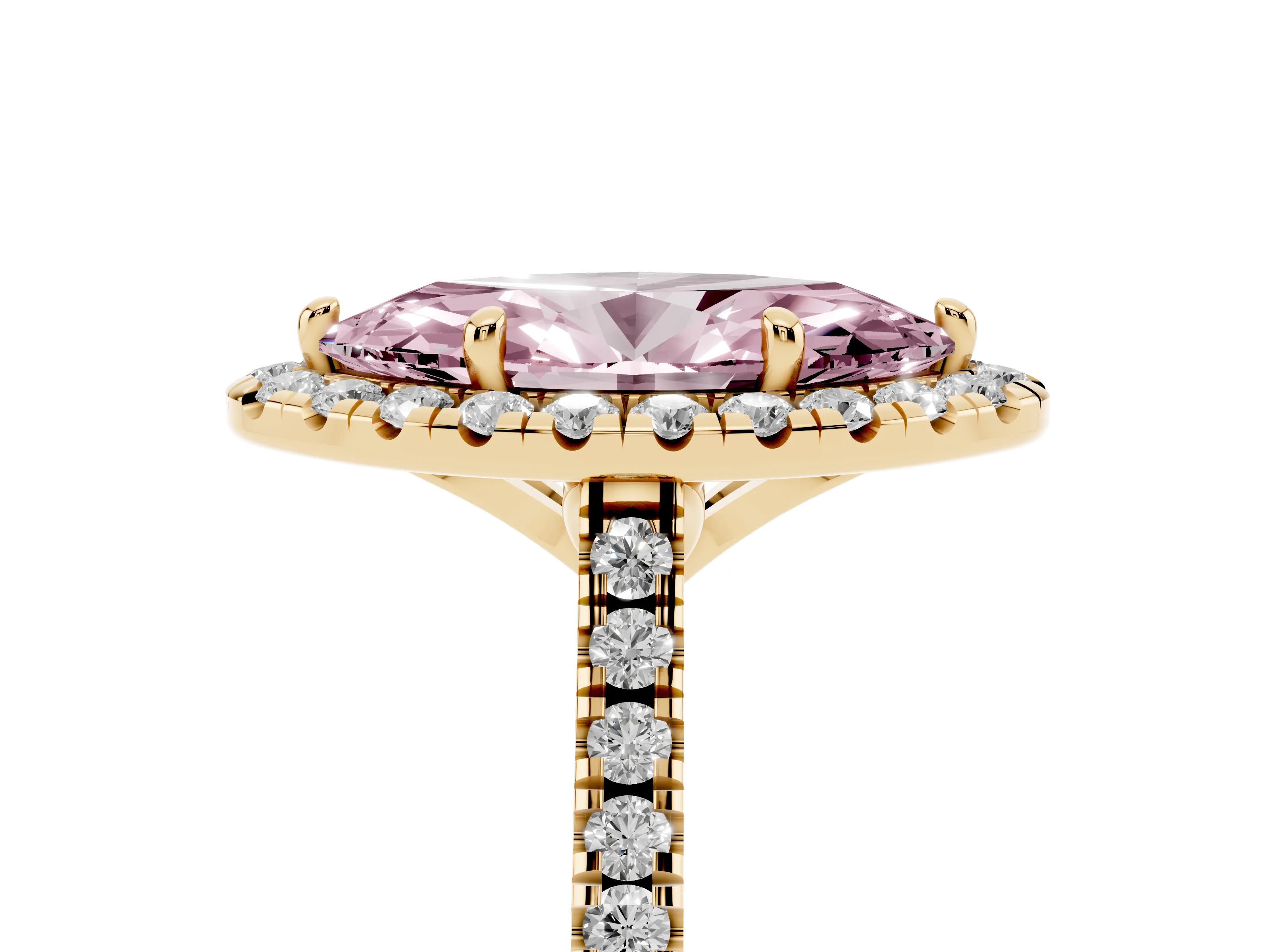 Fancy Pink Marquise Cut Diamond Cushion Halo Ring Set in Yellow gold with Pavé Band