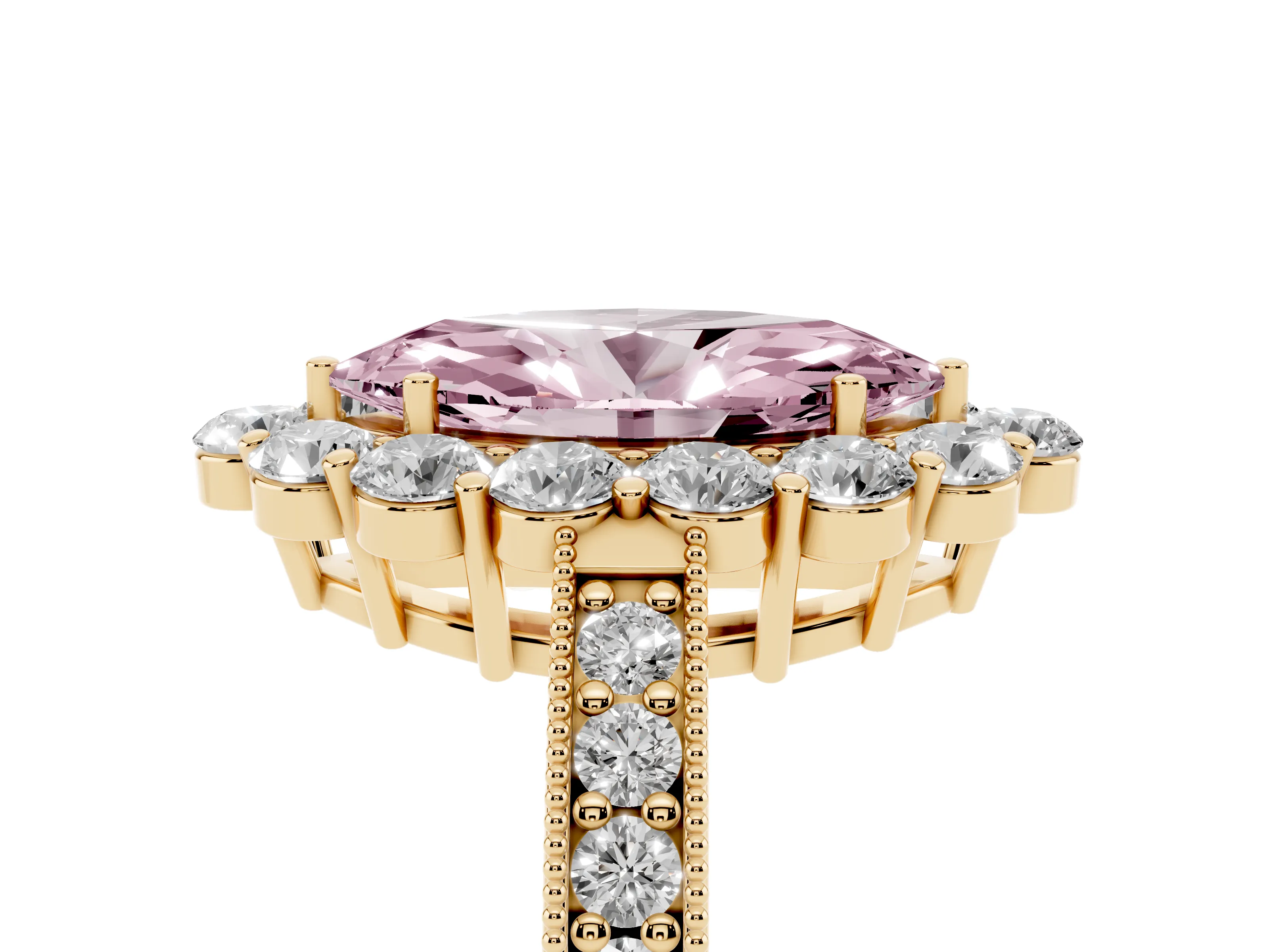 Fancy Pink Marquise Cut Diamond Halo Pavé Engagement Ring Set in Yellow gold with Milgrain Detailing