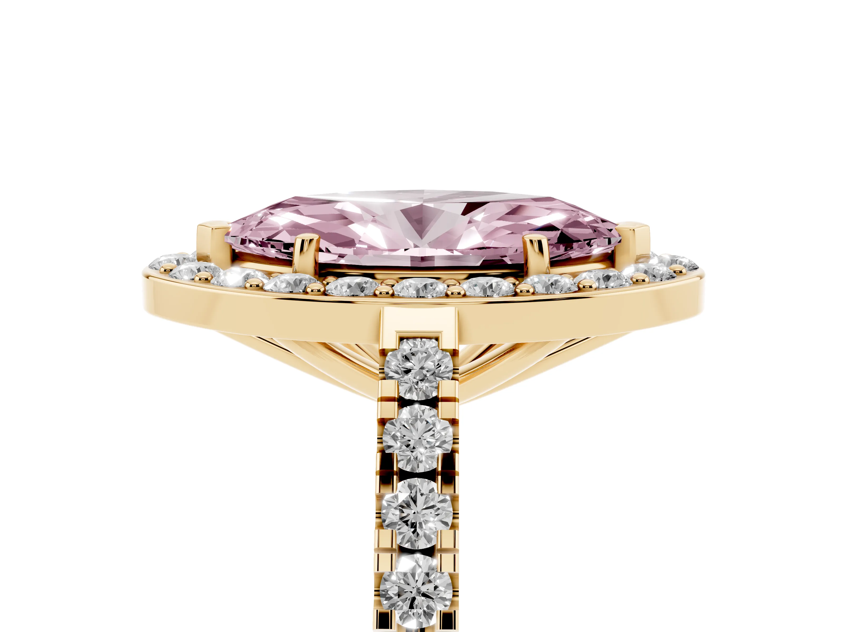 Fancy Pink Marquise Cut Diamond Halo Ring Set in Yellow gold with Round Pavé Split Shank and Prong Setting