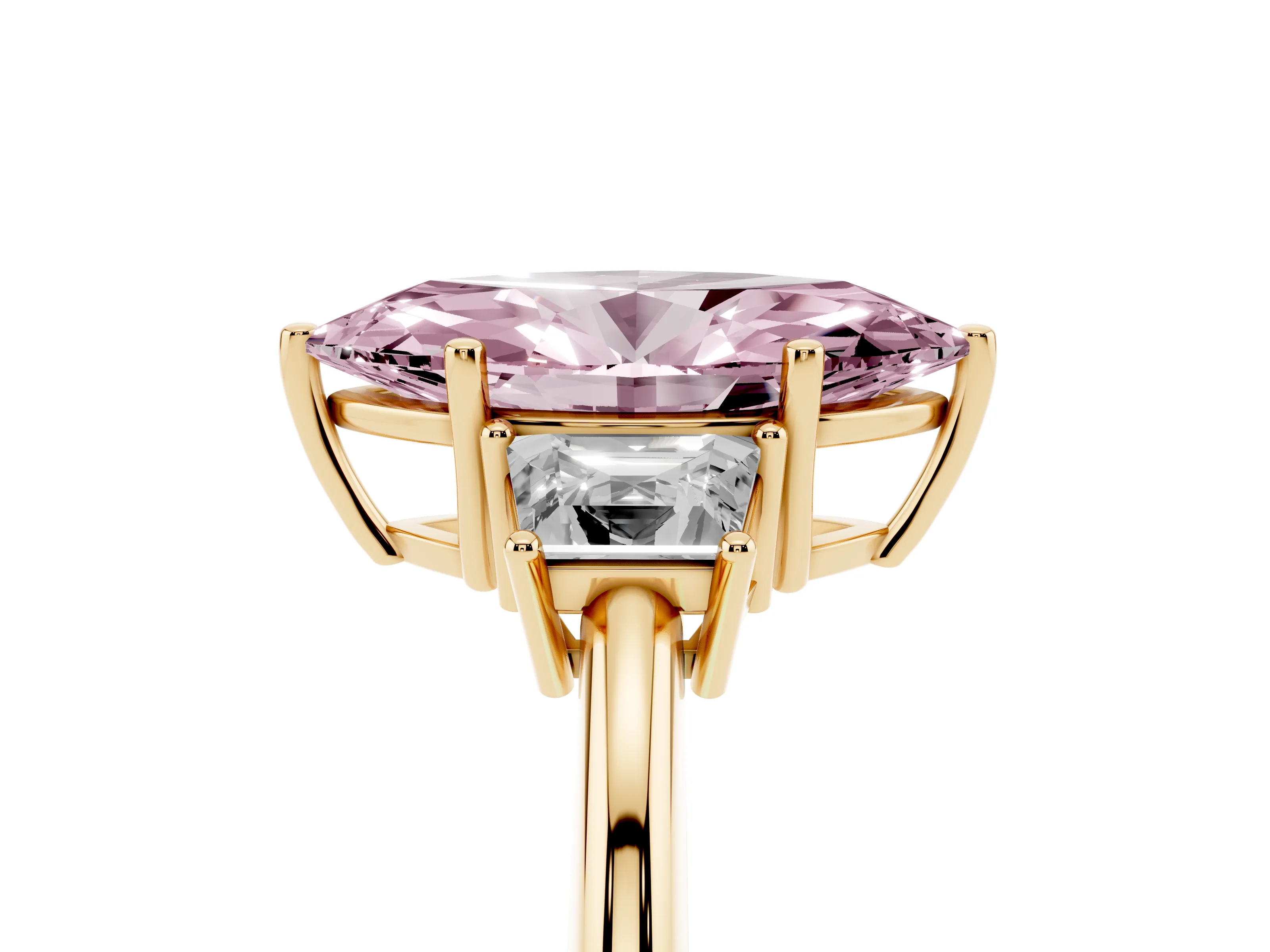 Fancy Pink Marquise Cut Diamond Three-Stone Ring Set in Yellow gold with Trapezoid Side Stones and Prong Setting