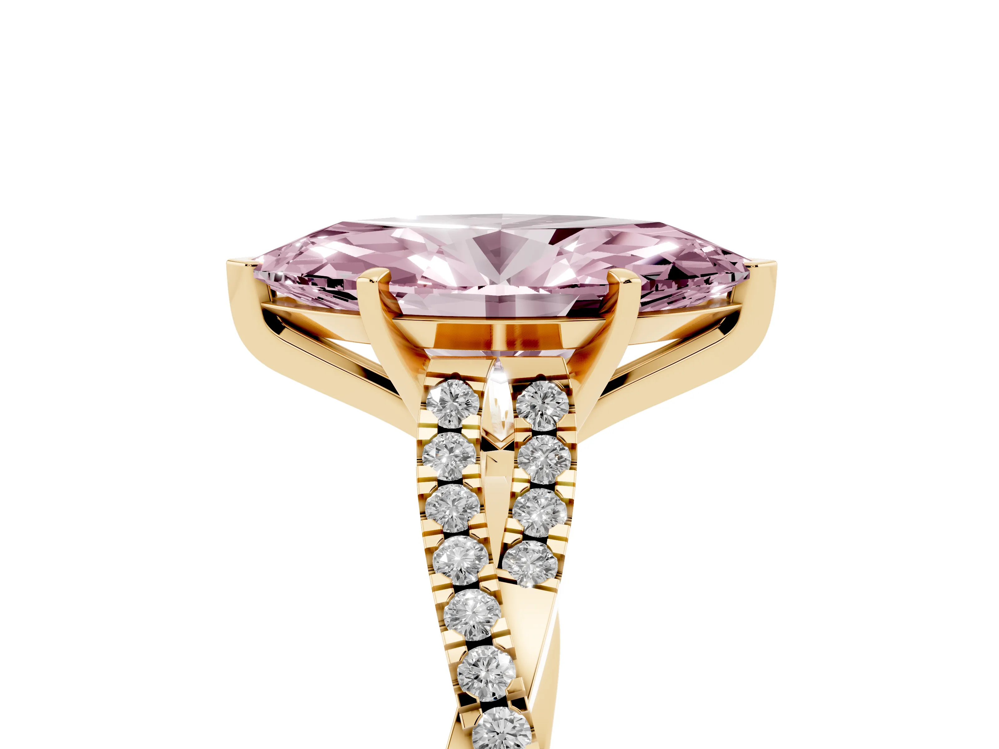 Fancy Pink Marquise Cut Diamond Solitaire Engagement Ring Set in Yellow gold with Twisted Pavé Band and Prong Setting