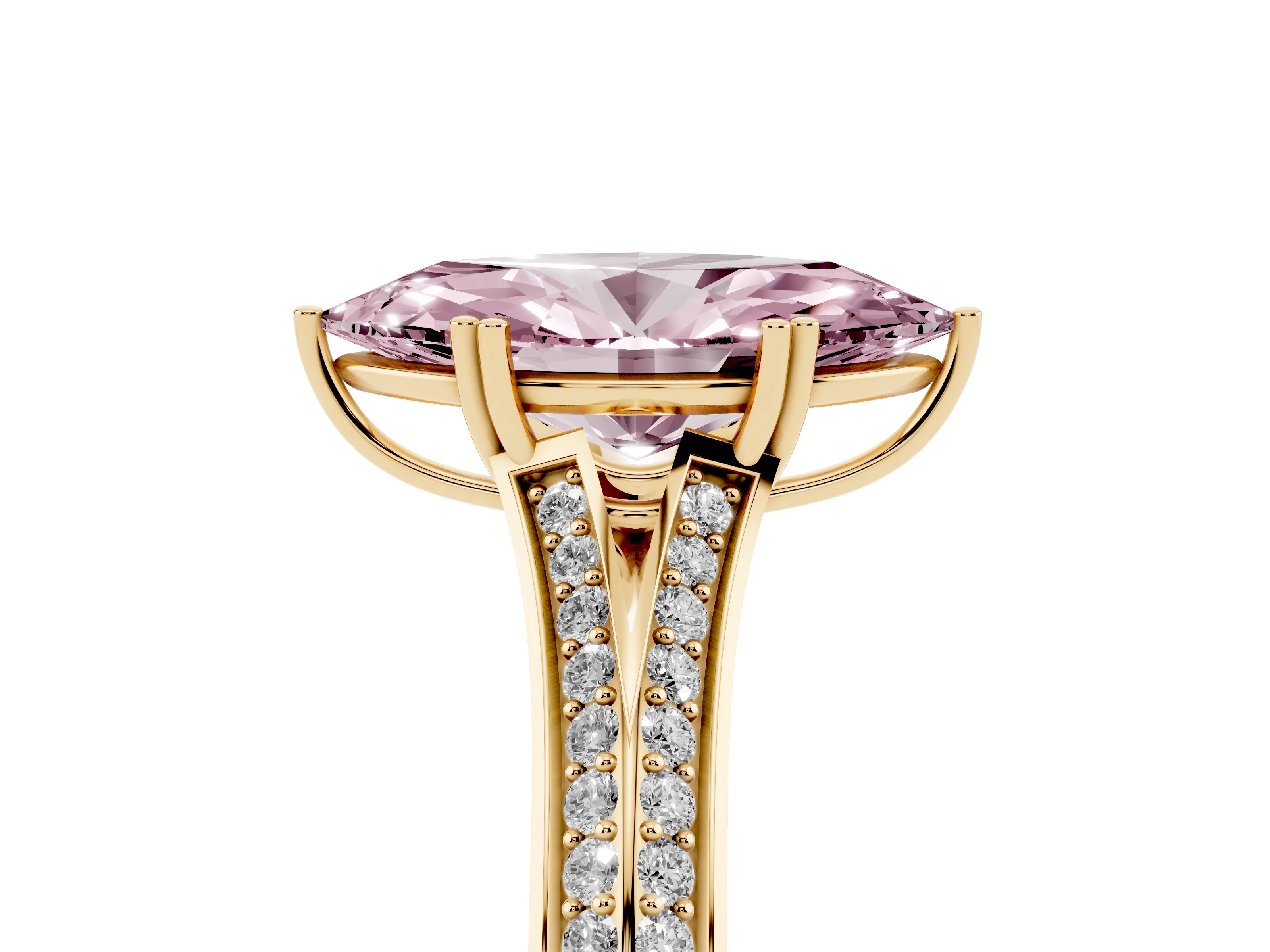 Fancy Pink Marquise Cut Diamond Split Shank Pavé Engagement Ring Set in Yellow gold with Prong-Set Center Stone