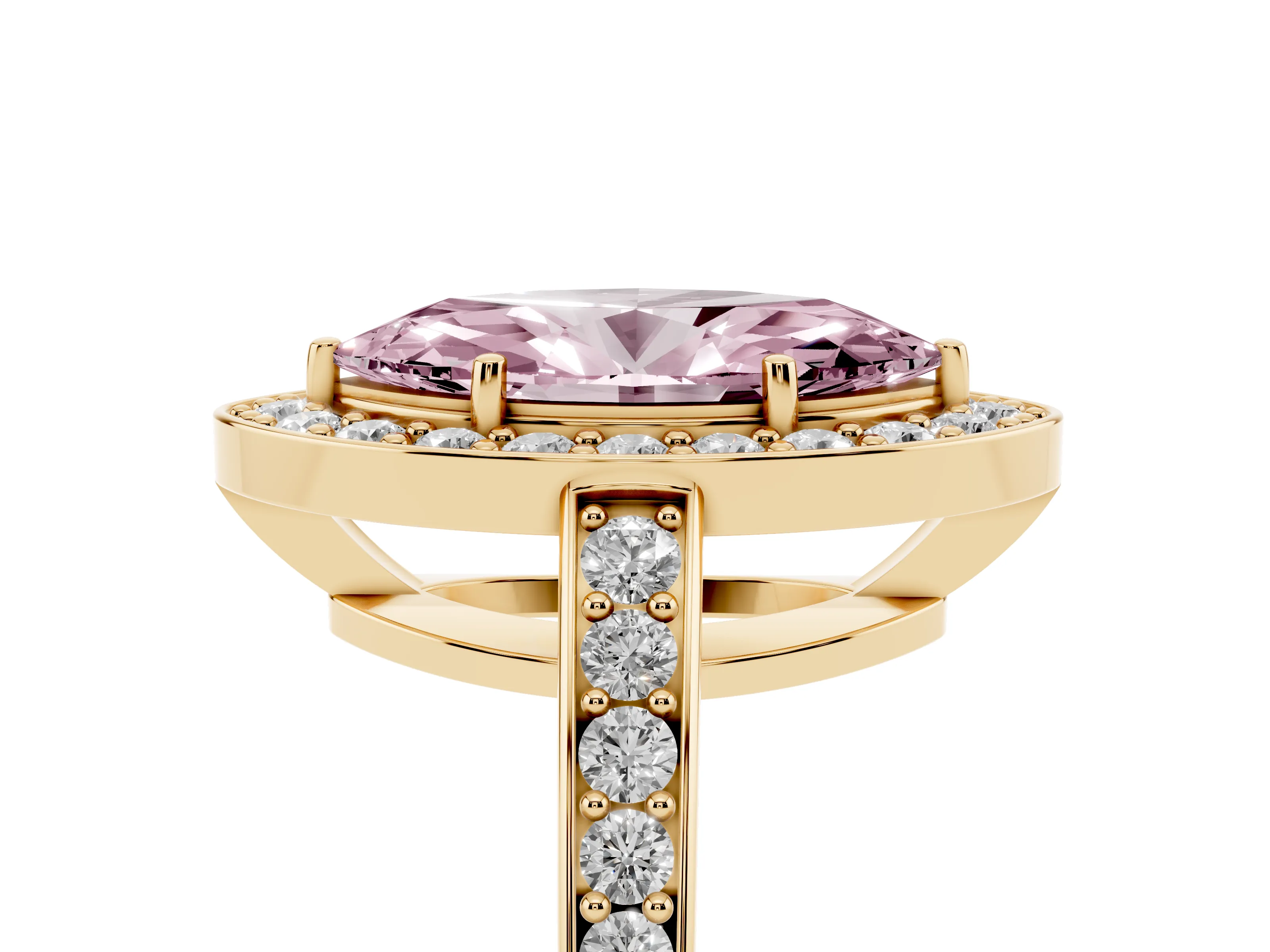 Fancy Pink Marquise Cut Diamond Halo Pavé Engagement Ring Set in Yellow gold with Bezel Setting