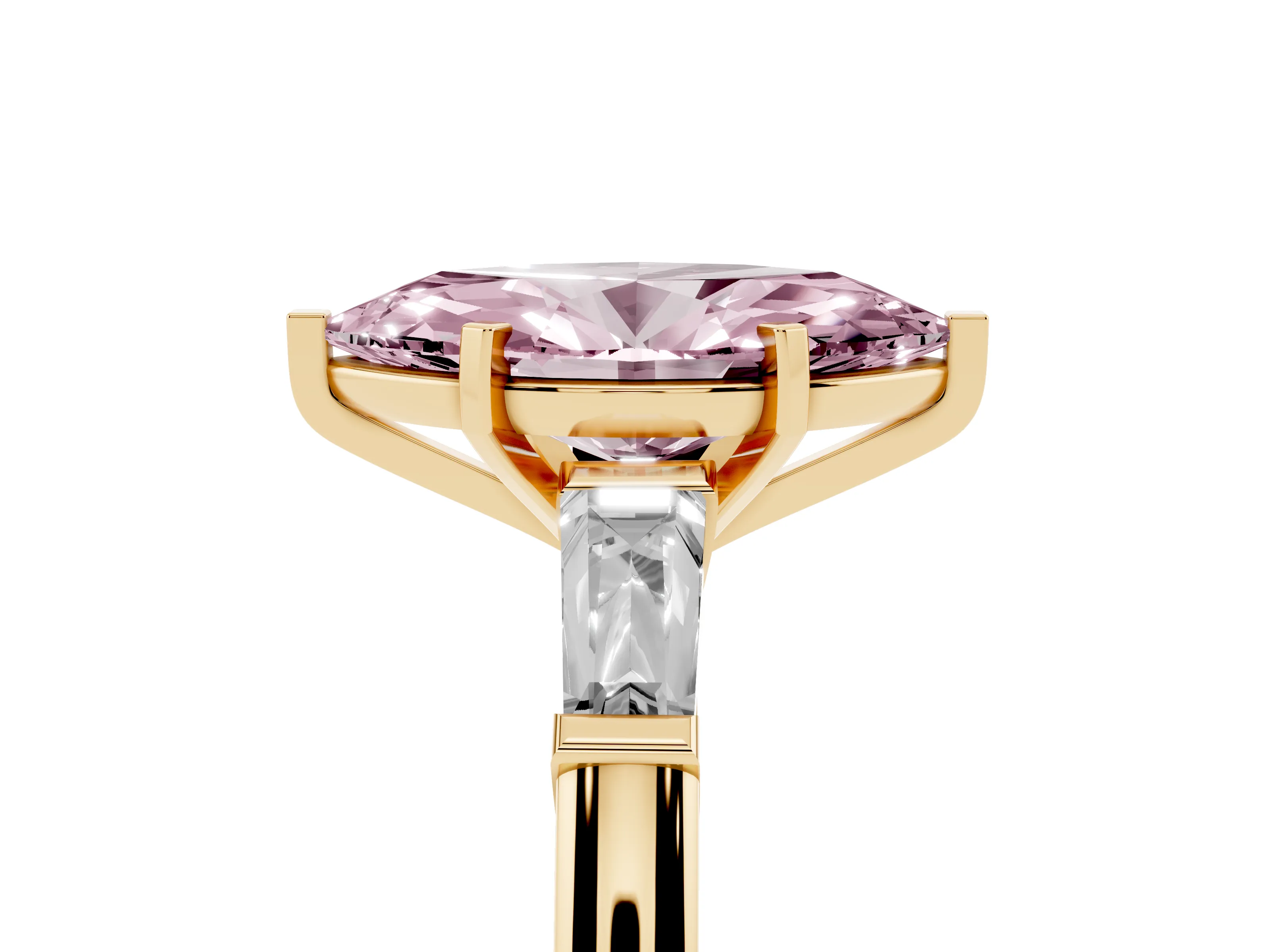 Fancy Pink Marquise Cut Diamond Solitaire Ring Set in Yellow gold with Tapered Baguette Side Stones and Prong Setting