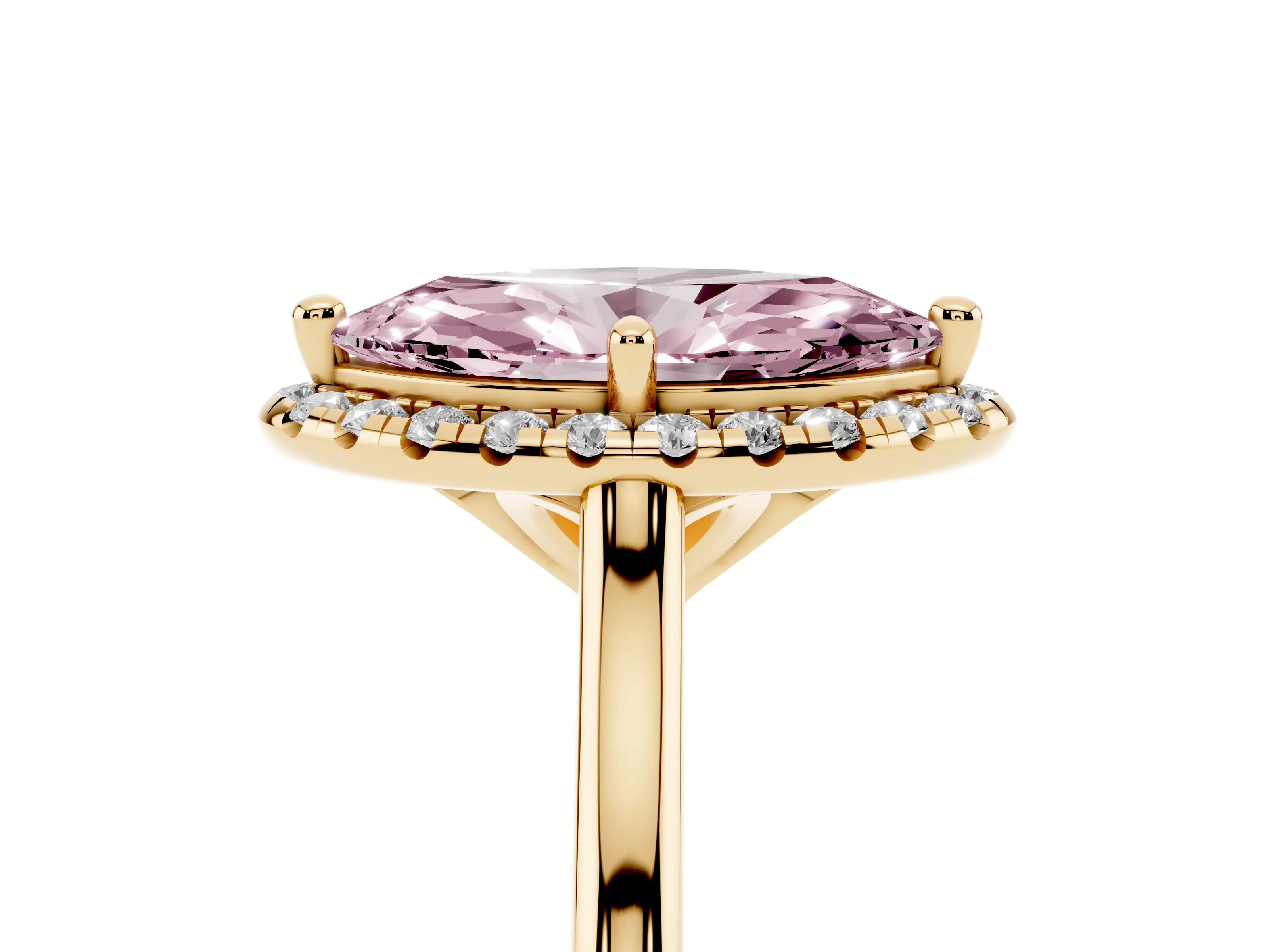Fancy Pink Marquise Cut Diamond Halo Engagement Ring Set in Yellow gold with Pavé Band and Rising Shoulders