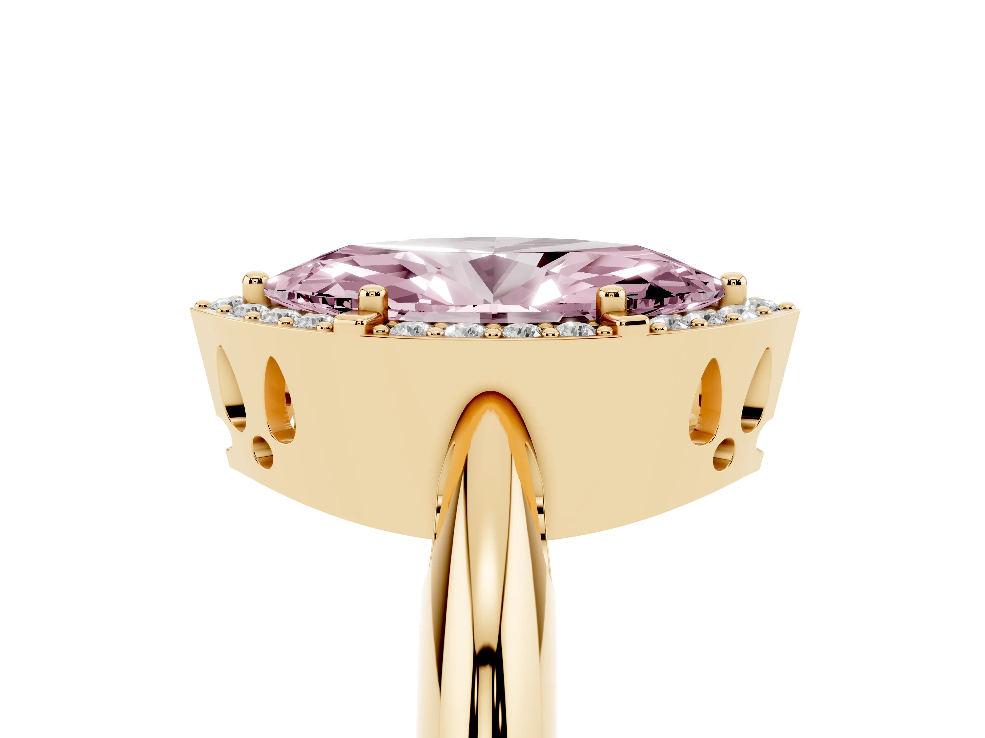 Fancy Pink Marquise Cut Diamond Halo Engagement Ring Set in Yellow gold with Plain Split Shank and Prong Setting