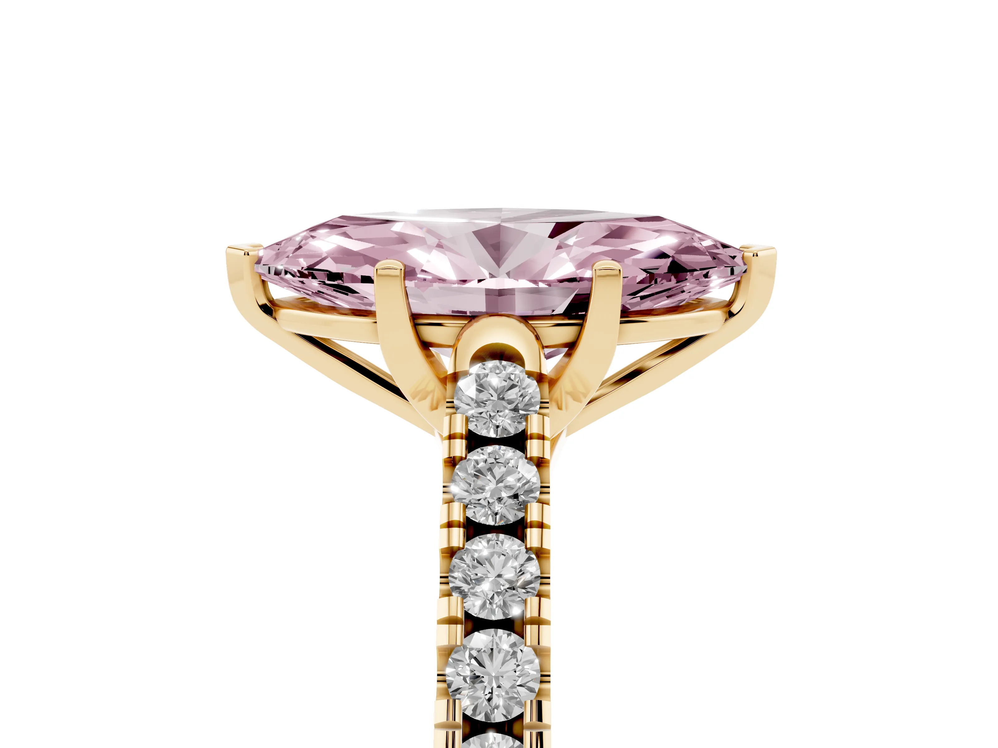 Fancy Pink Marquise Cut Diamond Pavé Band Solitaire Ring Set in Yellow gold with Partway Accent Stones and Prong Setting