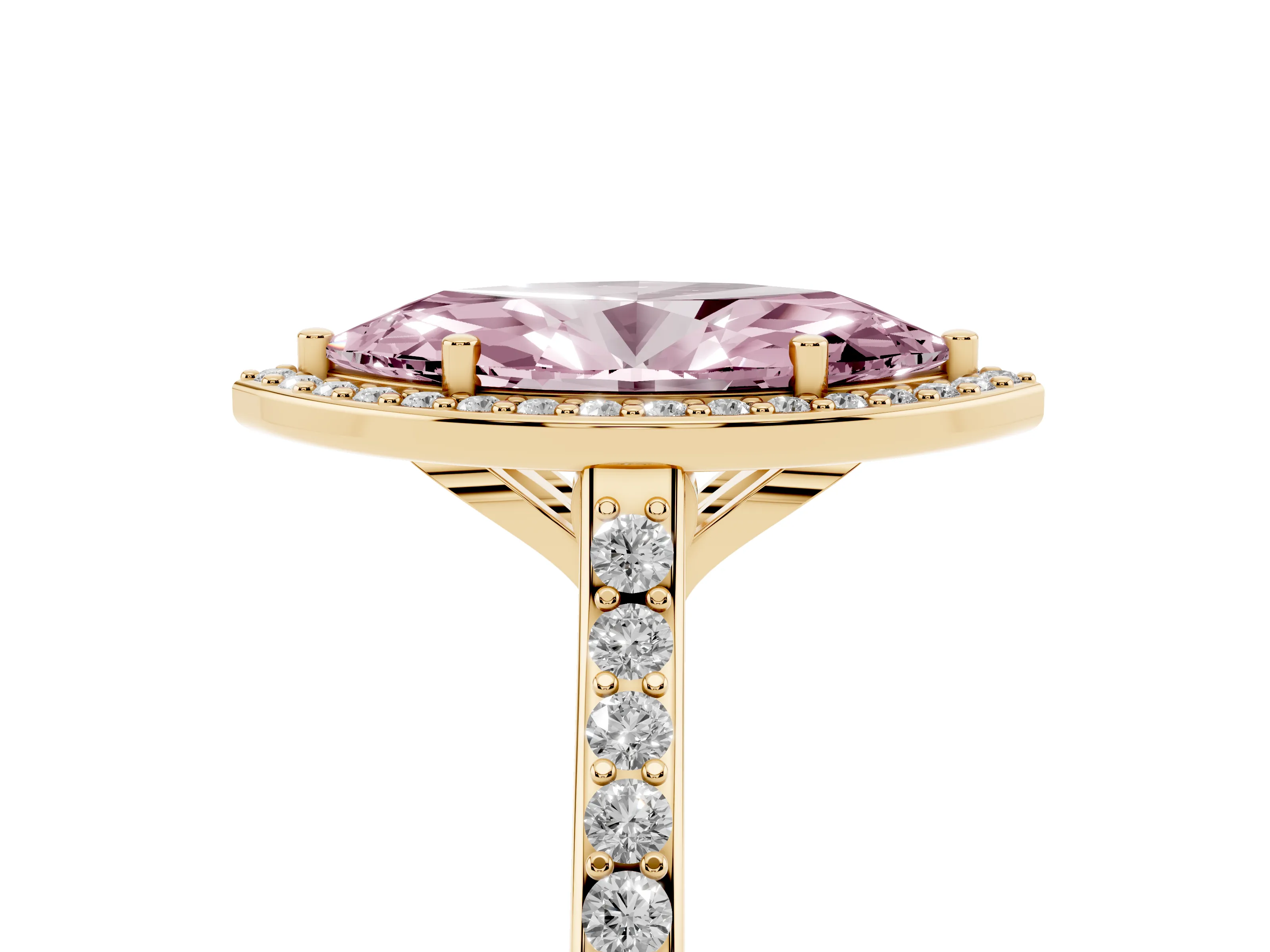Fancy Pink Marquise Cut Diamond Halo Engagement Ring Set in Yellow gold with Round Pavé Shoulders and Heart Gallery