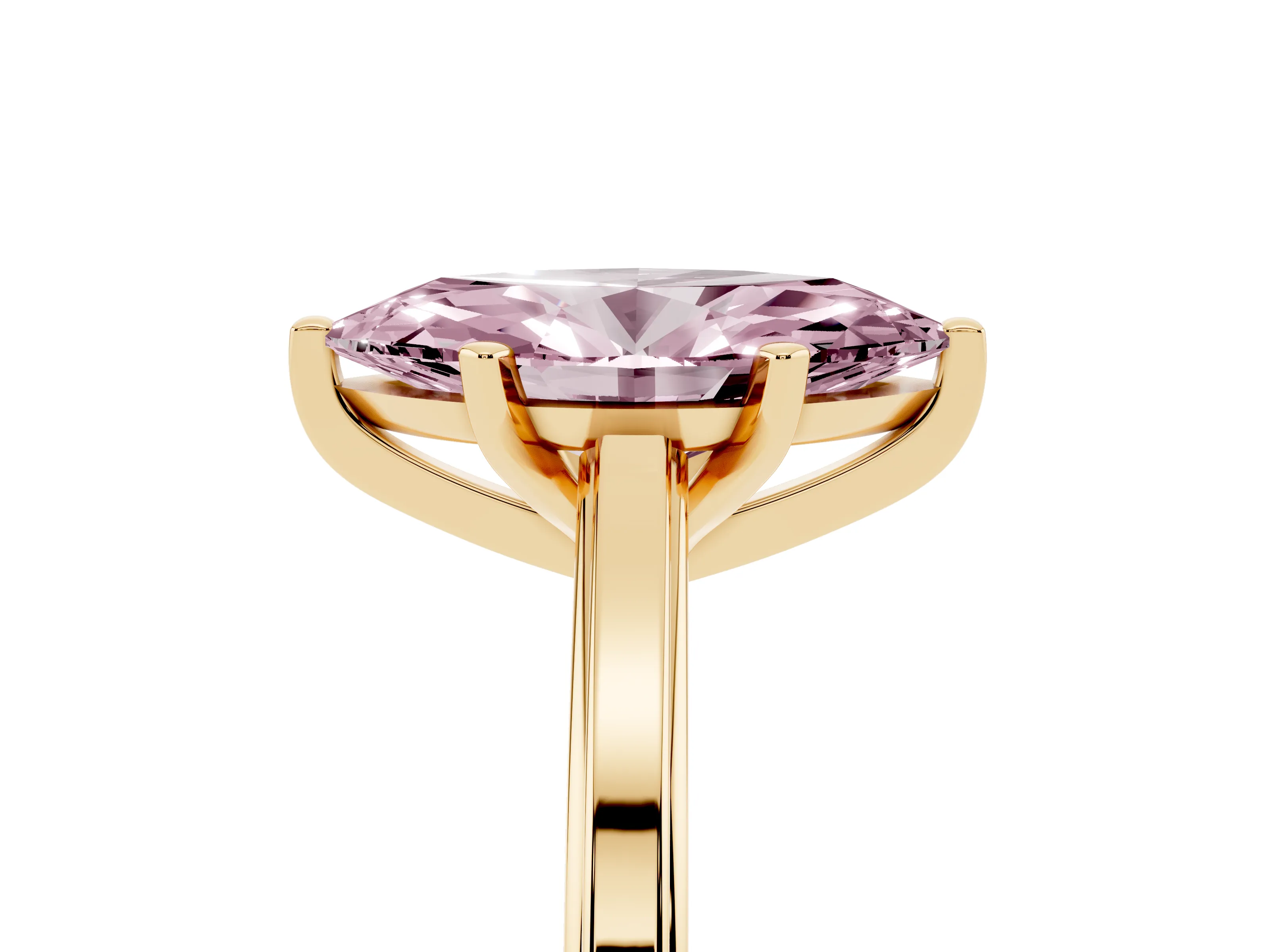 Fancy Pink Marquise Cut Diamond Solitaire Ring Set in Yellow gold with Prong Setting and Classic Band