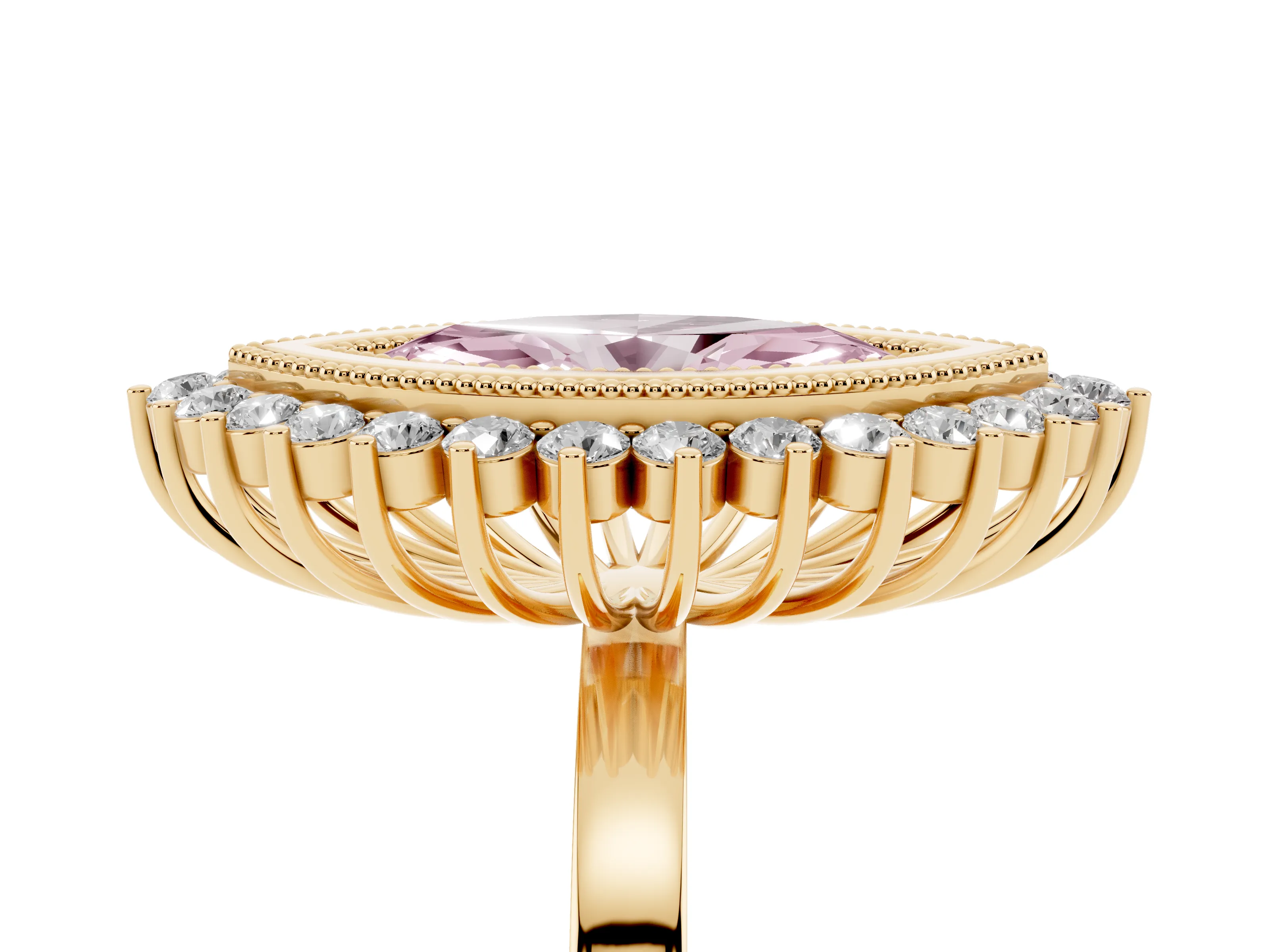 Fancy Pink Marquise Cut Diamond Halo Ring Set in Yellow gold with Milgrain Edge and Round Prong Setting