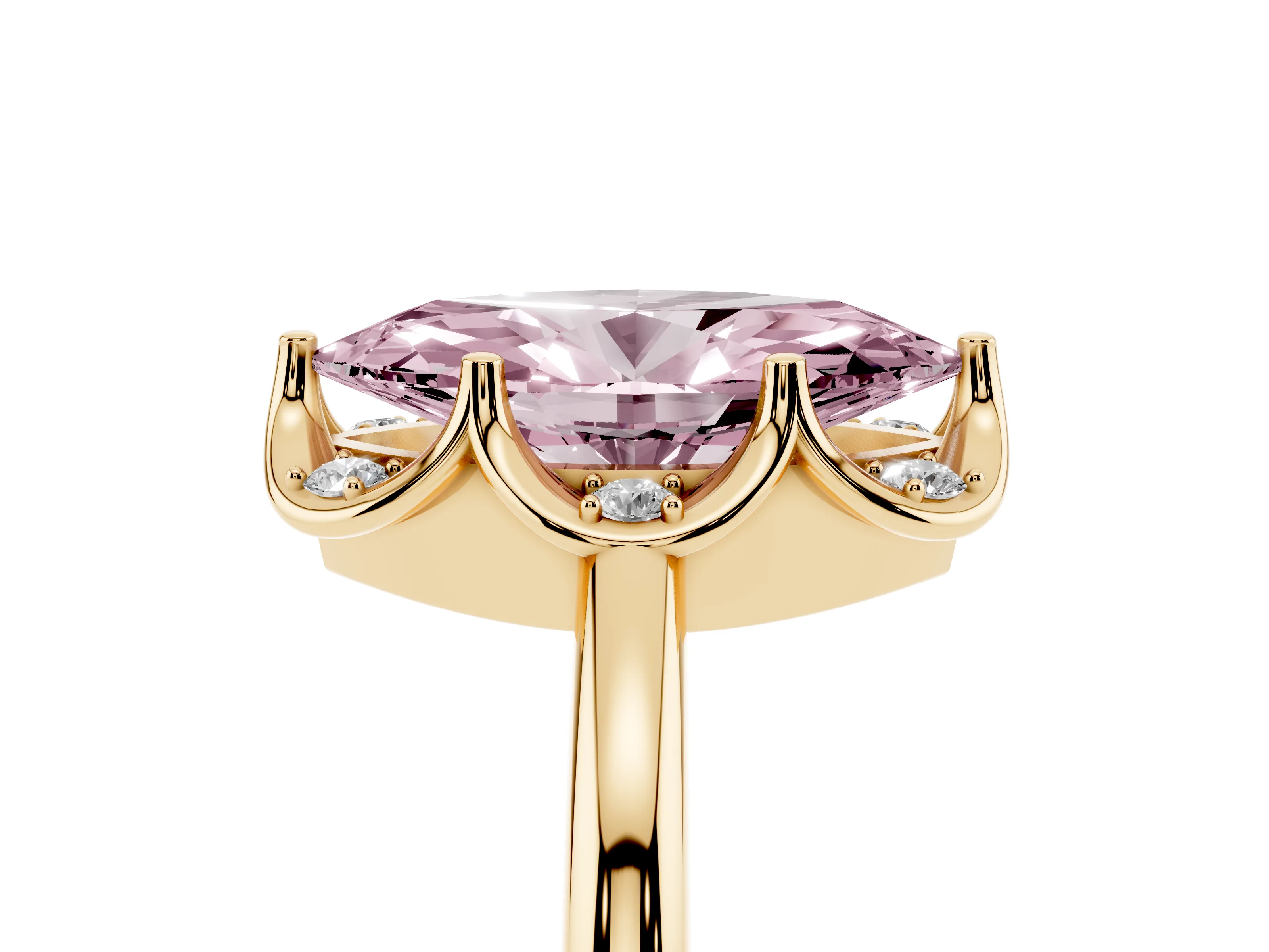Fancy Pink Marquise Cut Diamond Round Cluster Halo Ring Set in Yellow gold with Solitaire Band and Prong Setting