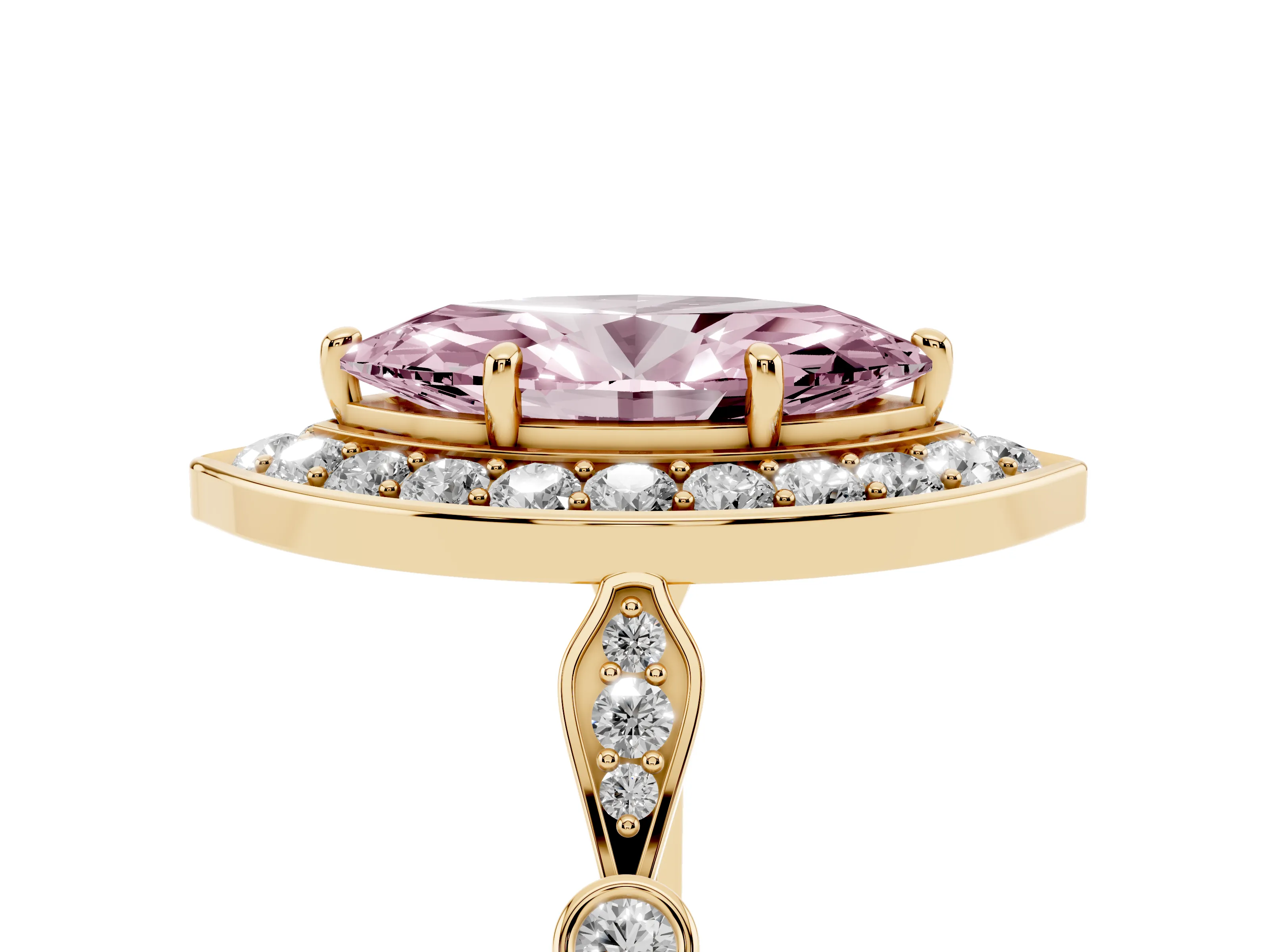 Fancy Pink Marquise Cut Diamond Halo Engagement Ring Set in Yellow gold with Twisted Band and Prong Setting