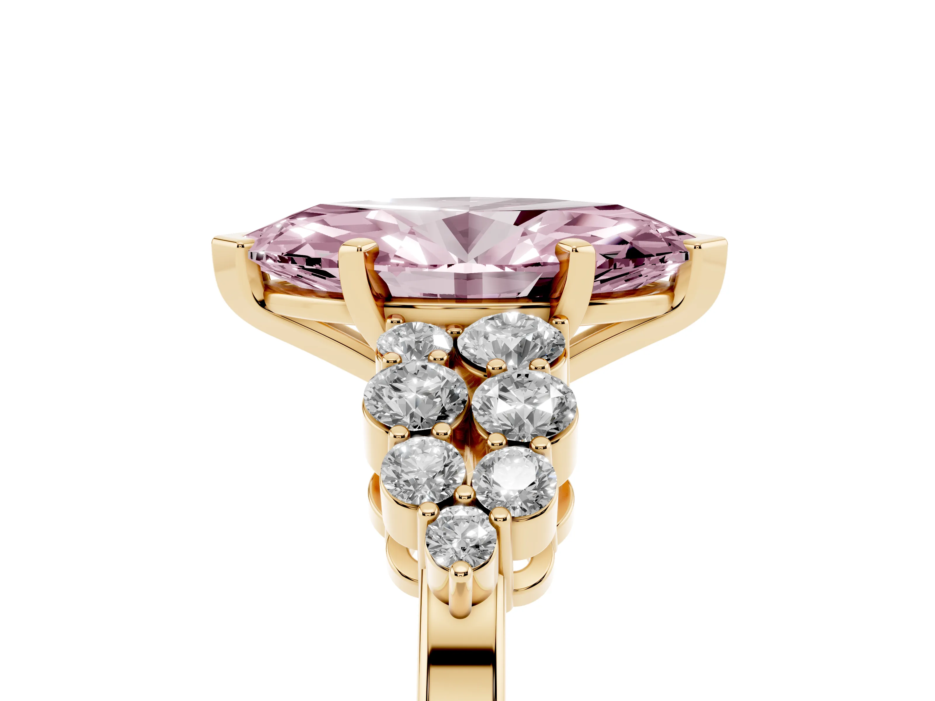 Fancy Pink Marquise Cut Diamond Cluster Engagement Ring Set in Yellow gold with Pavé Band and Prong Setting
