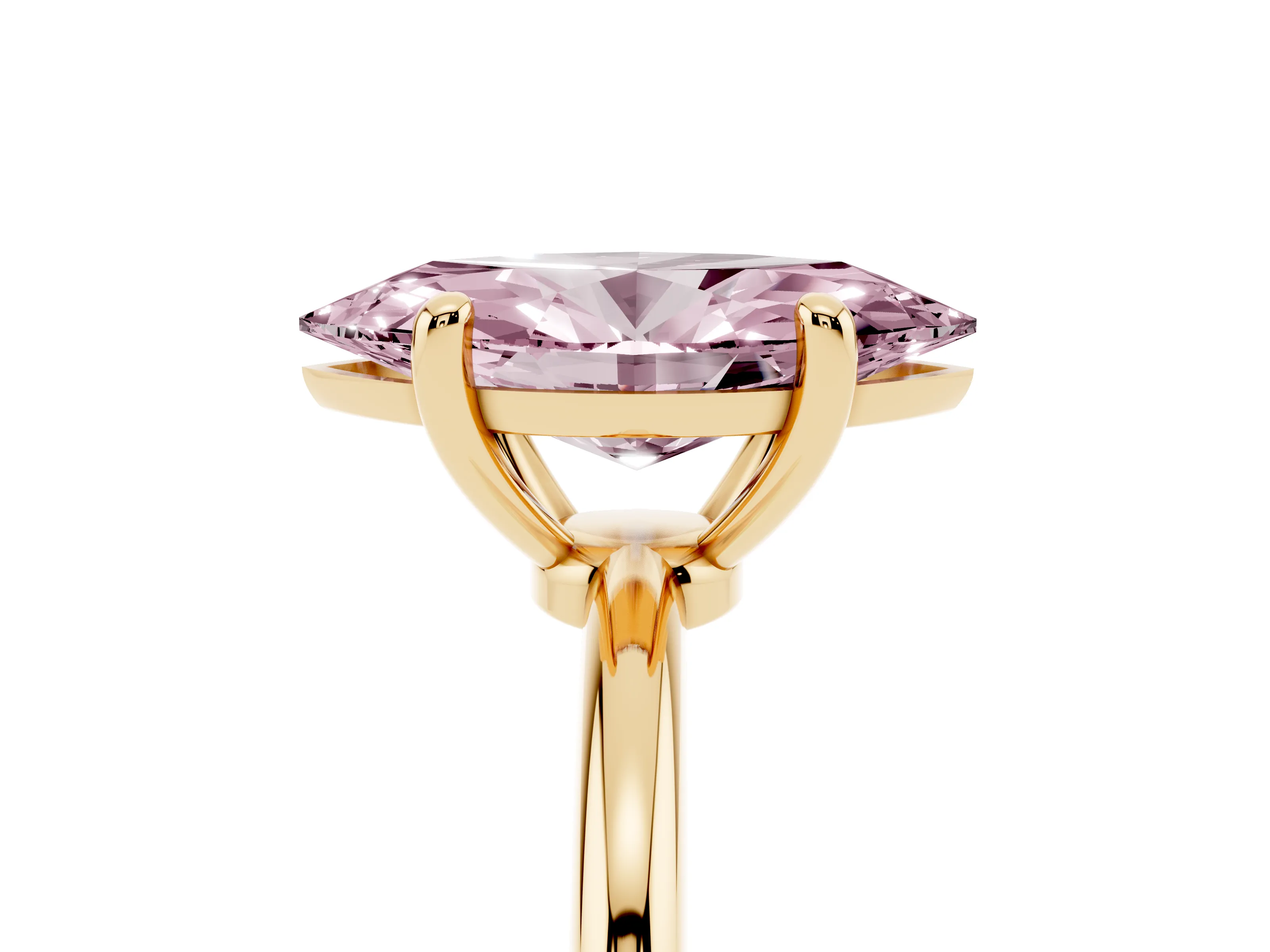 Fancy Pink Marquise Cut Diamond Solitaire Ring Set in Yellow gold with Secure Prong Setting on a Classic Band